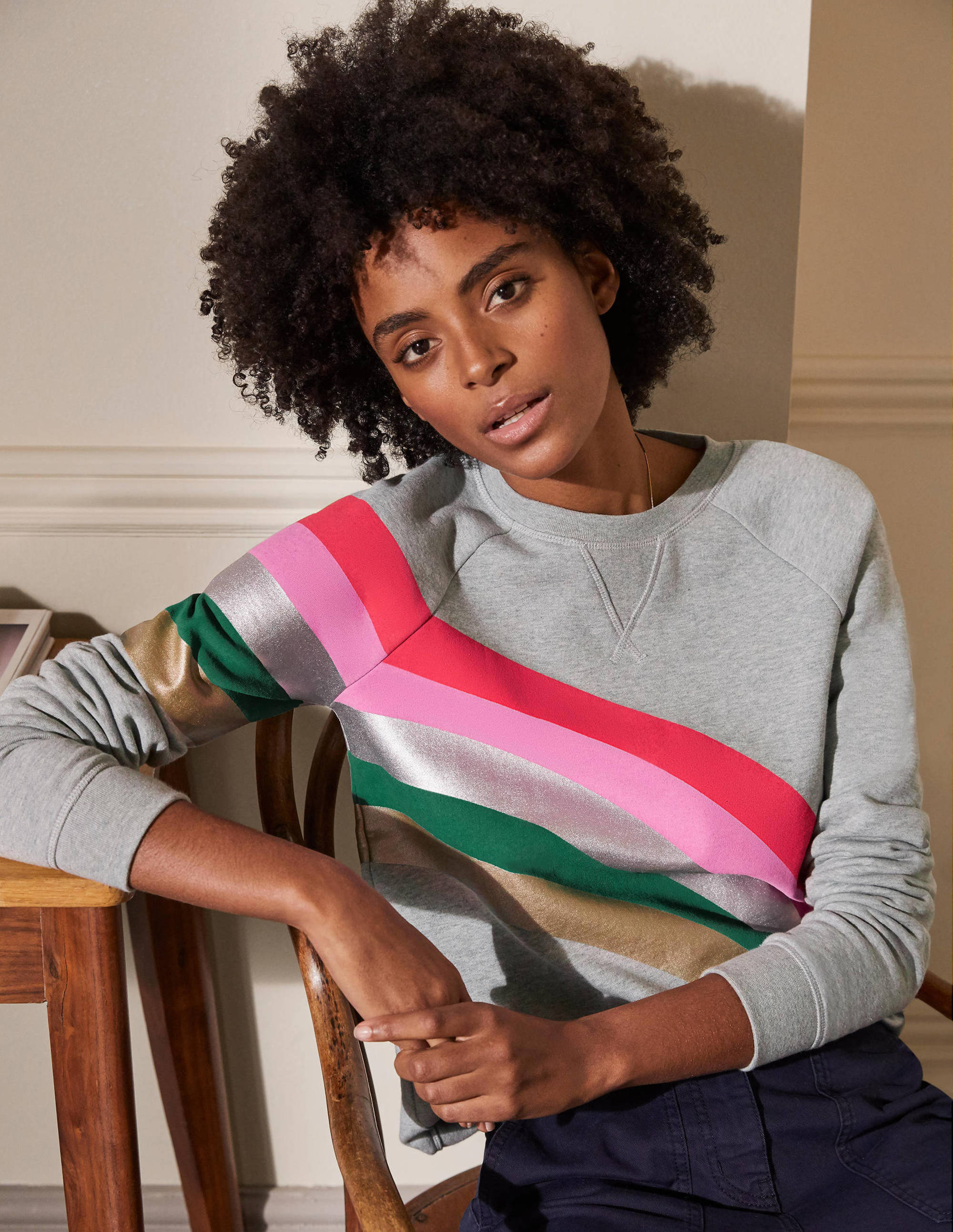 Sweat en coton imprimé-Gris chiné, motif arc-en-ciel placé - Image 1
