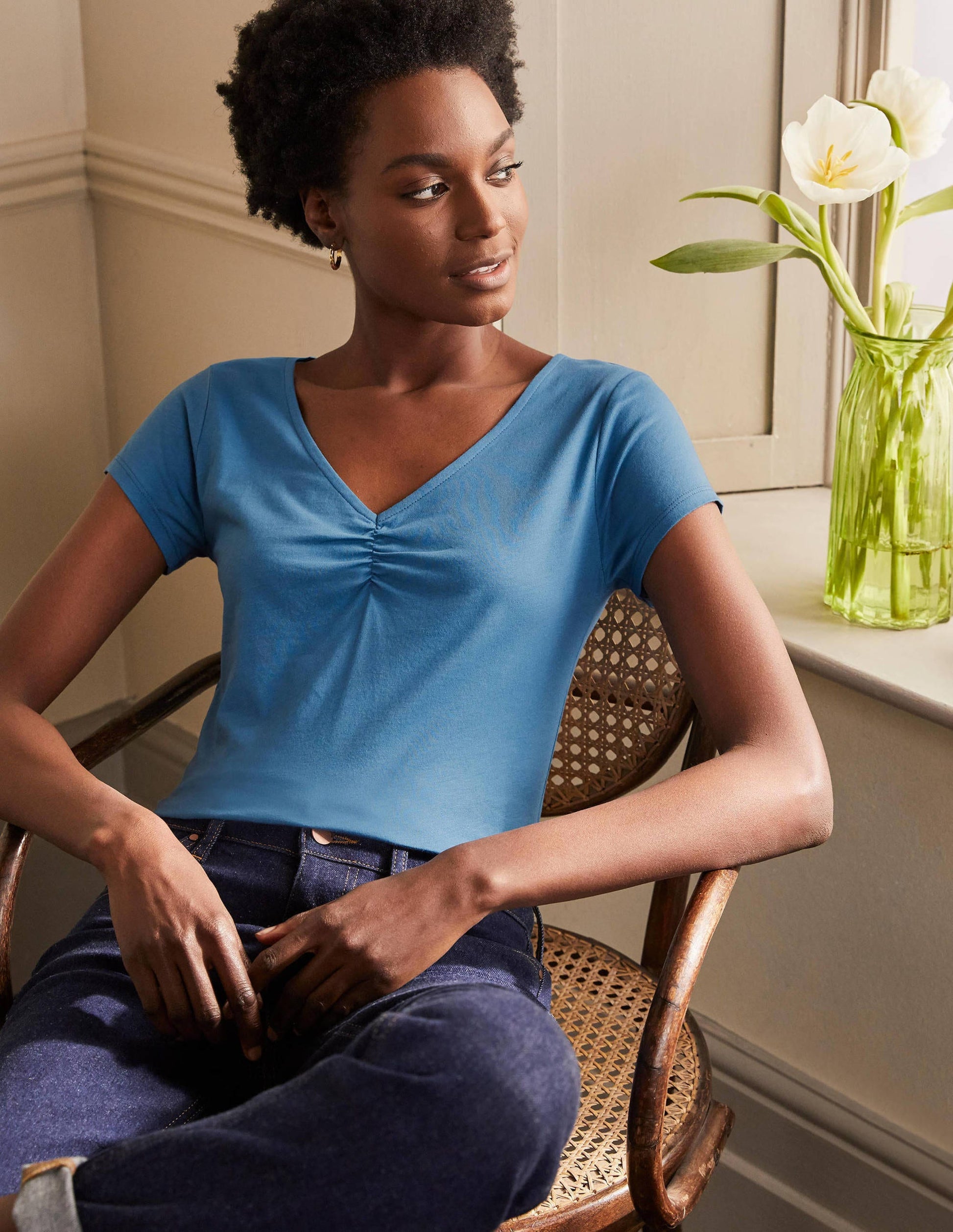 Supersoft Ruched V-Neck Top-Azure-1