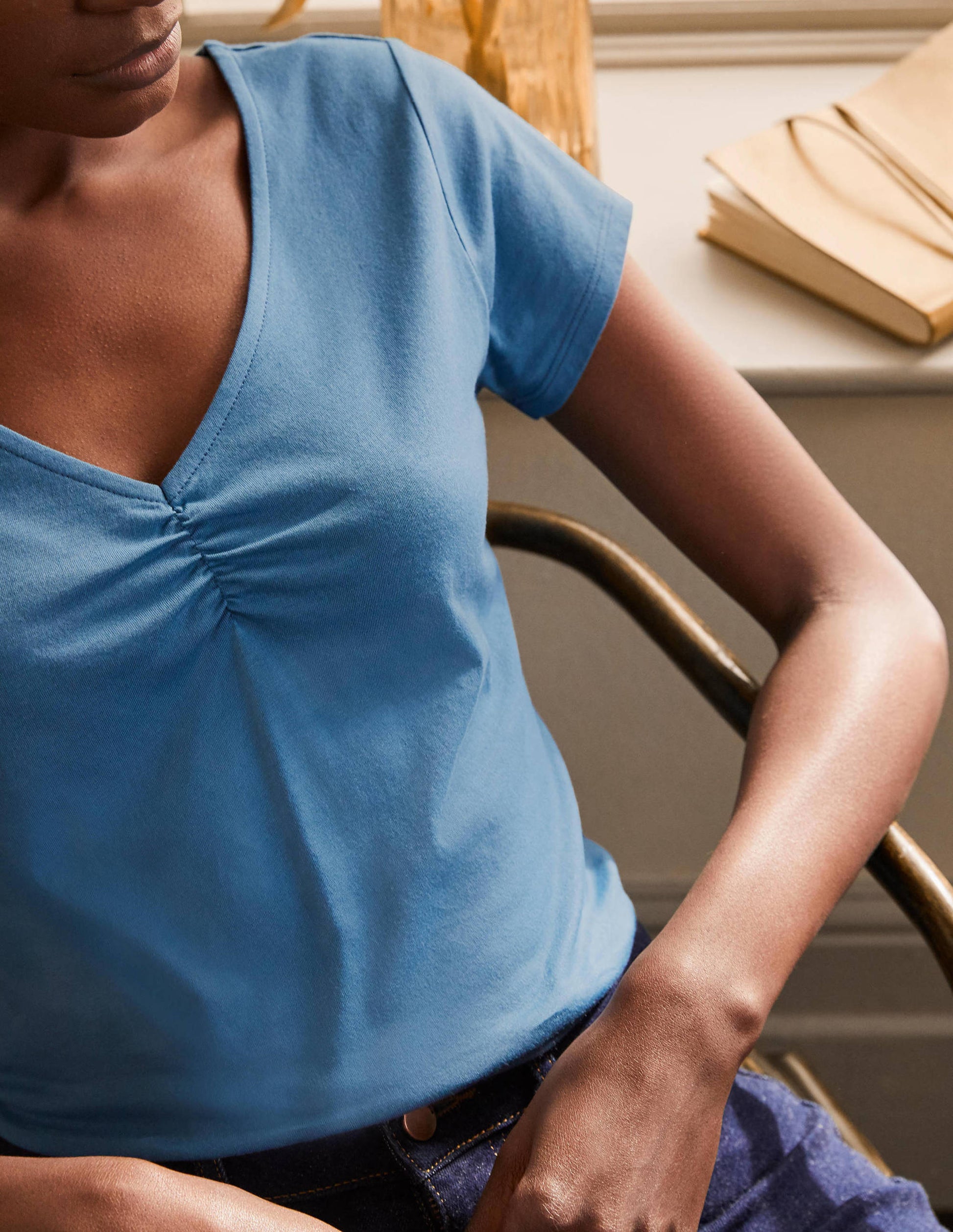 Supersoft Ruched V-Neck Top-Azure-2