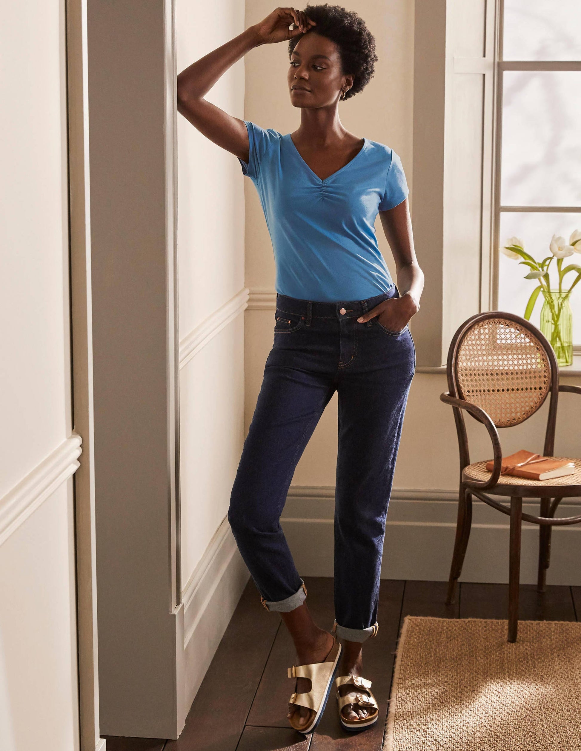 Supersoft Ruched V-Neck Top-Azure-4