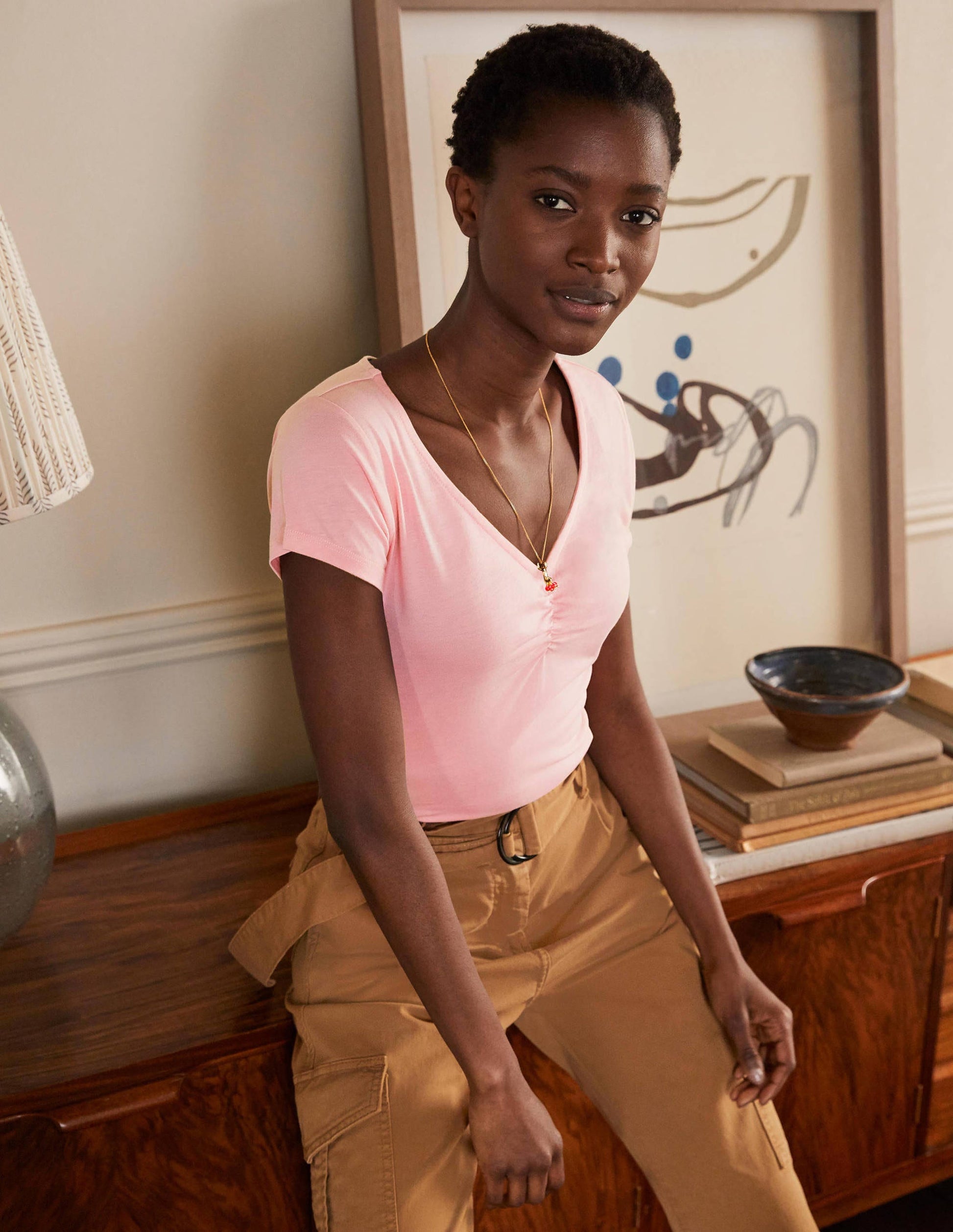 Supersoft Ruched V-Neck Top-Formica Pink-1