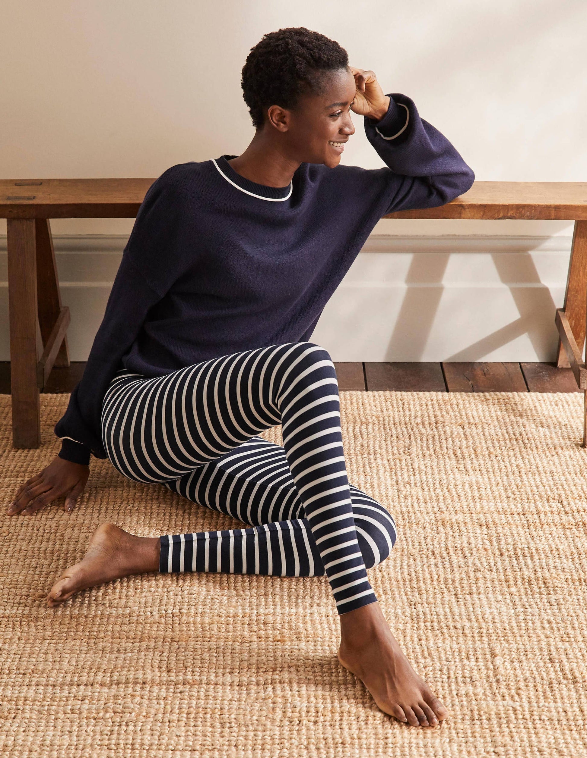 Jerseyleggings mit hoher Taille-Navy/Naturweiß-1