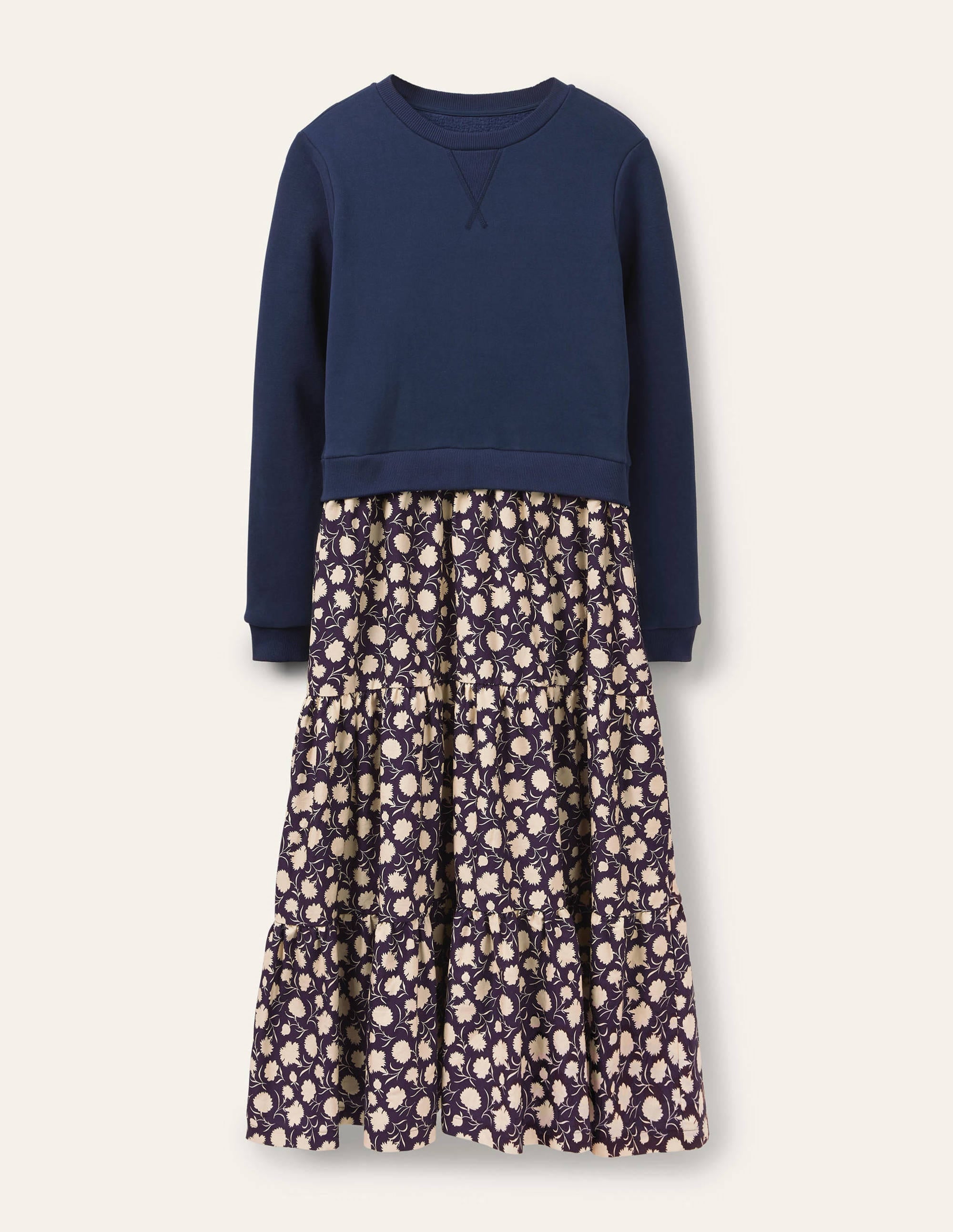 Woven Mix Tiered Dress-French Navy, Leafy Bud - Image 5