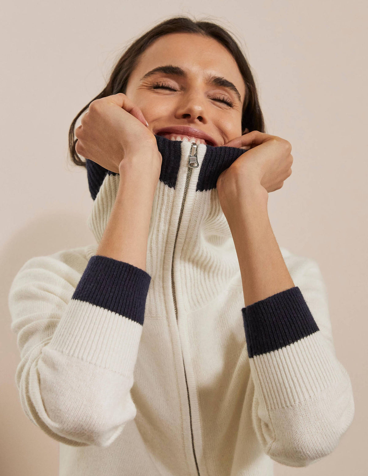Collared Zip-up Cardigan-Ivory - Image 2