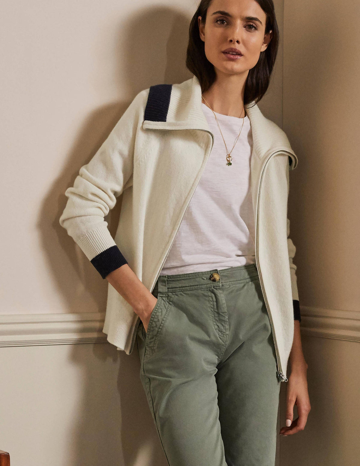 Collared Zip-up Cardigan-Ivory - Image 5