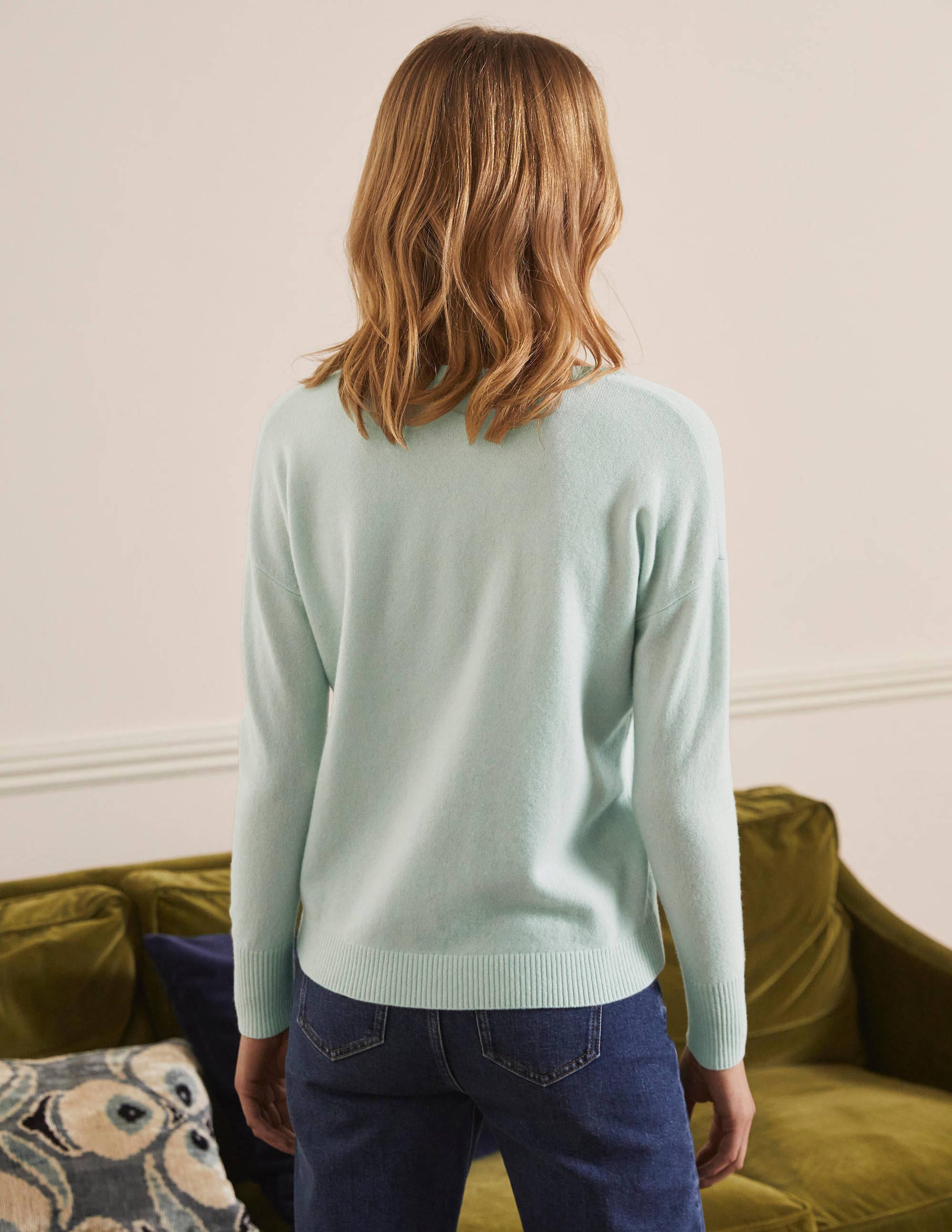 Lässiger Kaschmirpullover mit V-Ausschnitt-Seeblau - Image 3