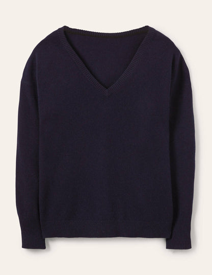 Lässiger Kaschmirpullover mit V-Ausschnitt-Marineblau