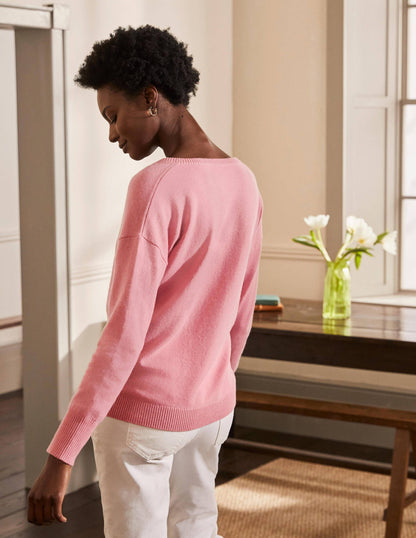 Lässiger Kaschmirpullover mit V-Ausschnitt-Kirschblütenrosa-3