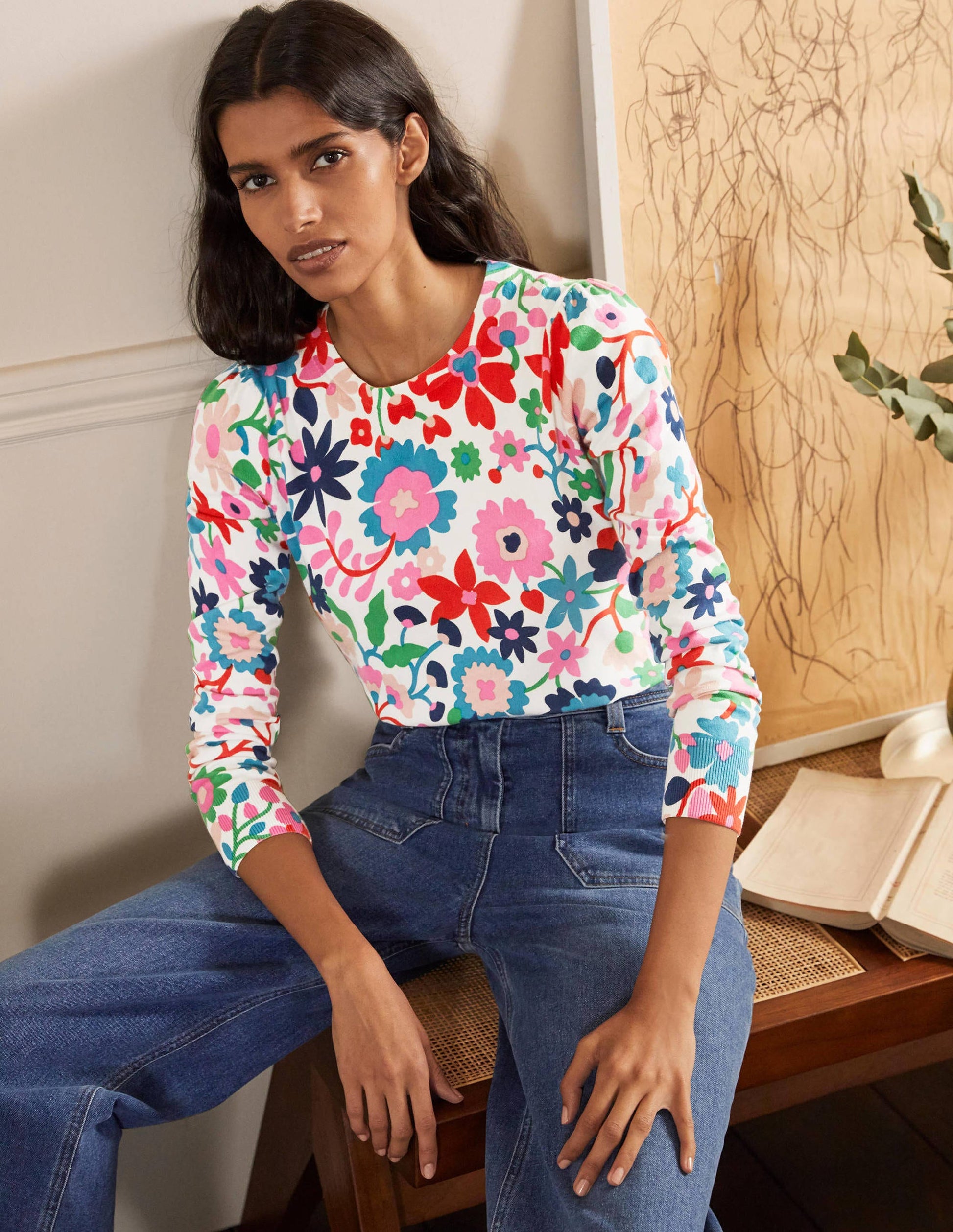 Baumwollpullover mit Rundhalsausschnitt-Naturweiß, Prärie-Blumen-1