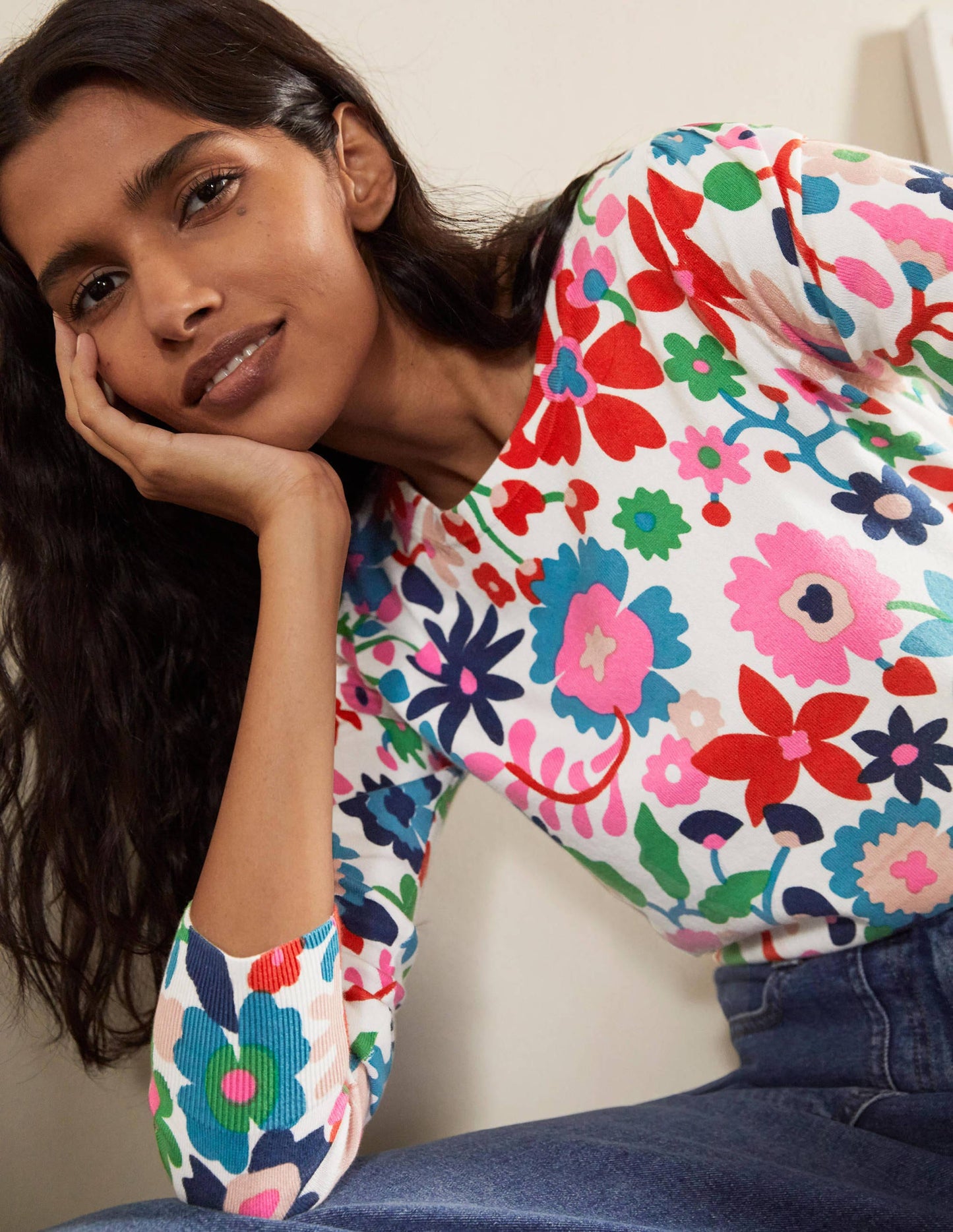 Baumwollpullover mit Rundhalsausschnitt-Naturweiß, Prärie-Blumen