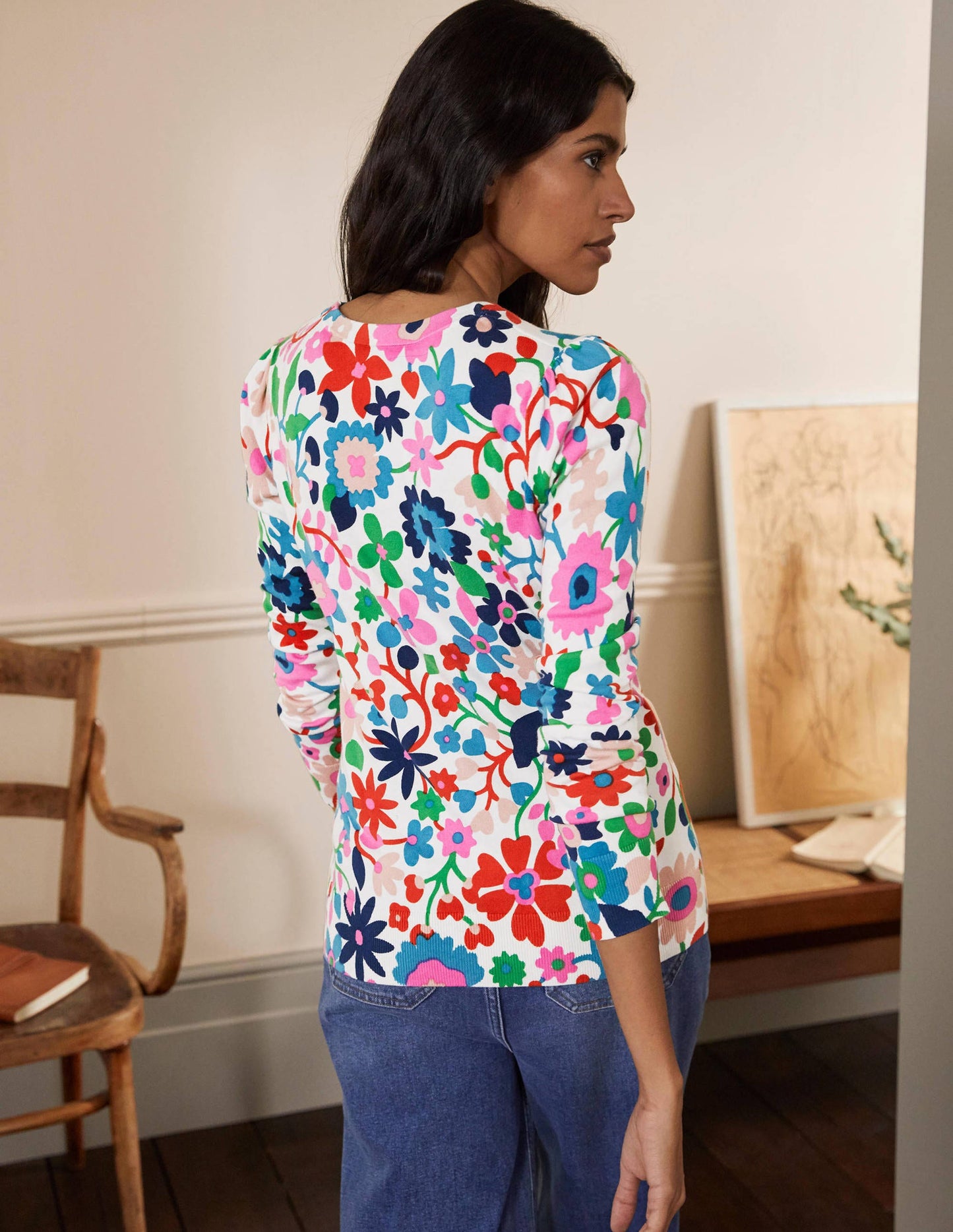 Baumwollpullover mit Rundhalsausschnitt-Naturweiß, Prärie-Blumen