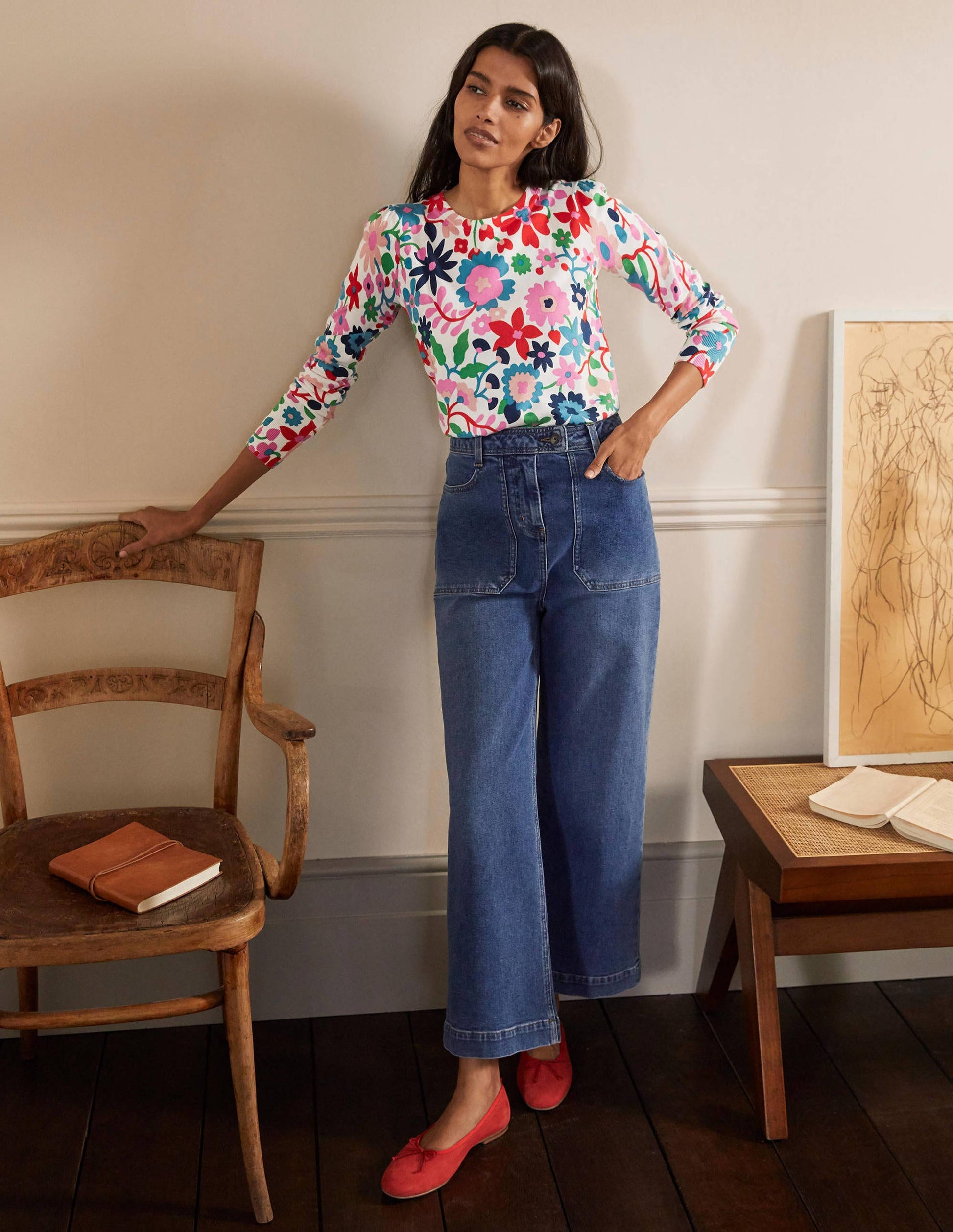 Baumwollpullover mit Rundhalsausschnitt-Naturweiß, Prärie-Blumen-4