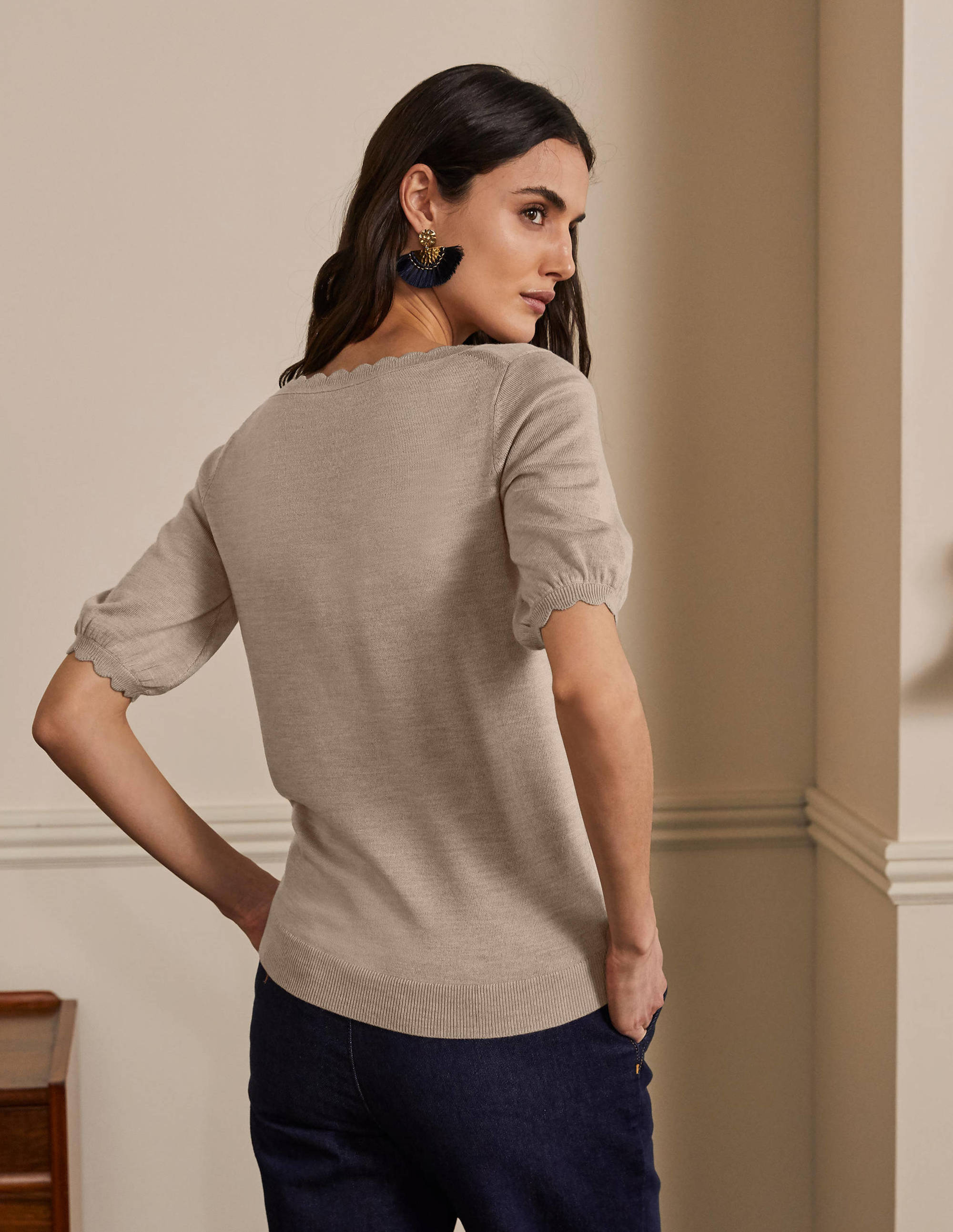 Merino Scallop Knitted Top-Mink Melange - Image 3