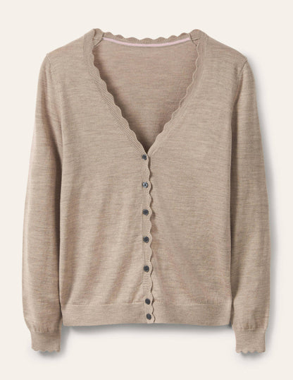 Merinocardigan mit Muschelborte-Nerzbraun Melange