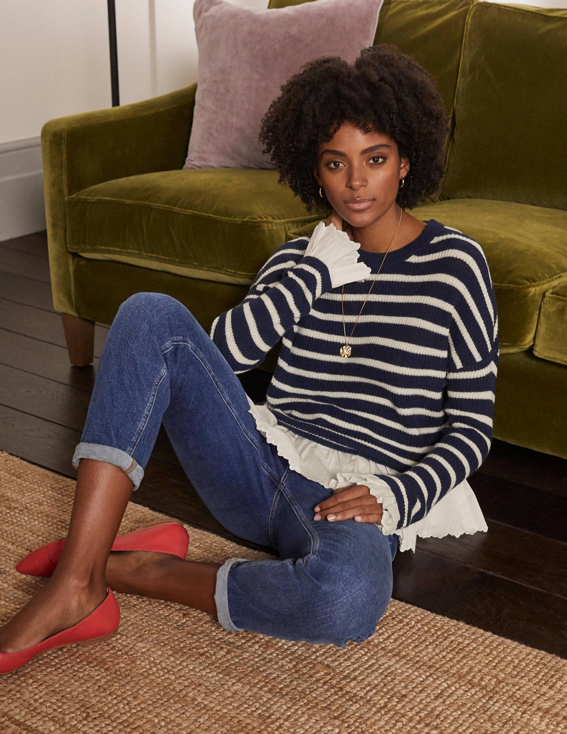 Catherine Flauschiger Webpullover-Navy/Naturweiß, Gestreift-1