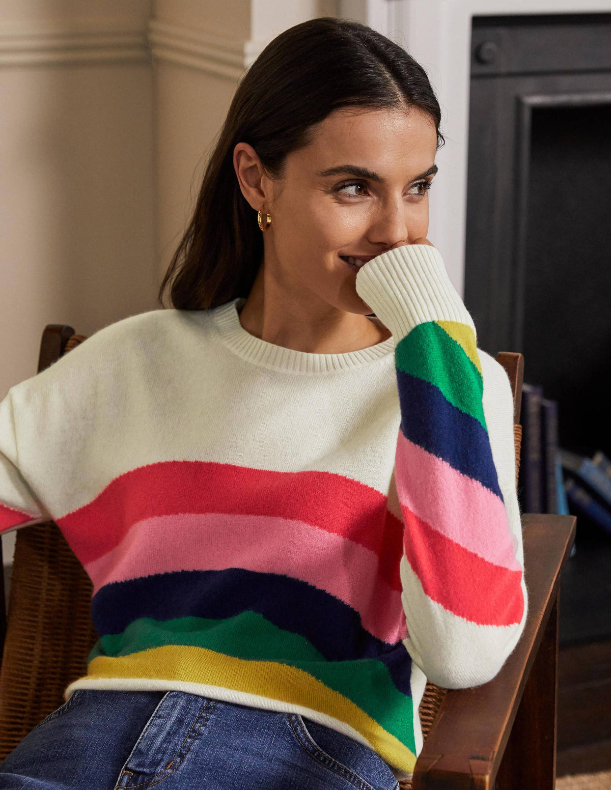Margot Kaschmirpullover-Naturweiß, Platzierter Regenbogen/Strick-1