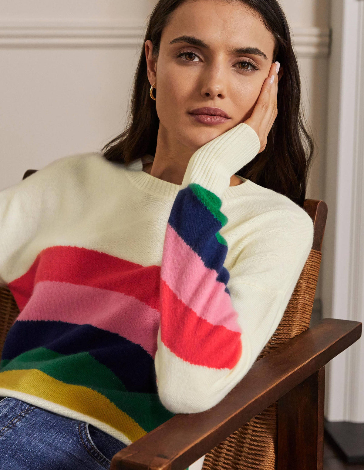 Margot Kaschmirpullover-Naturweiß, Platzierter Regenbogen/Strick-2