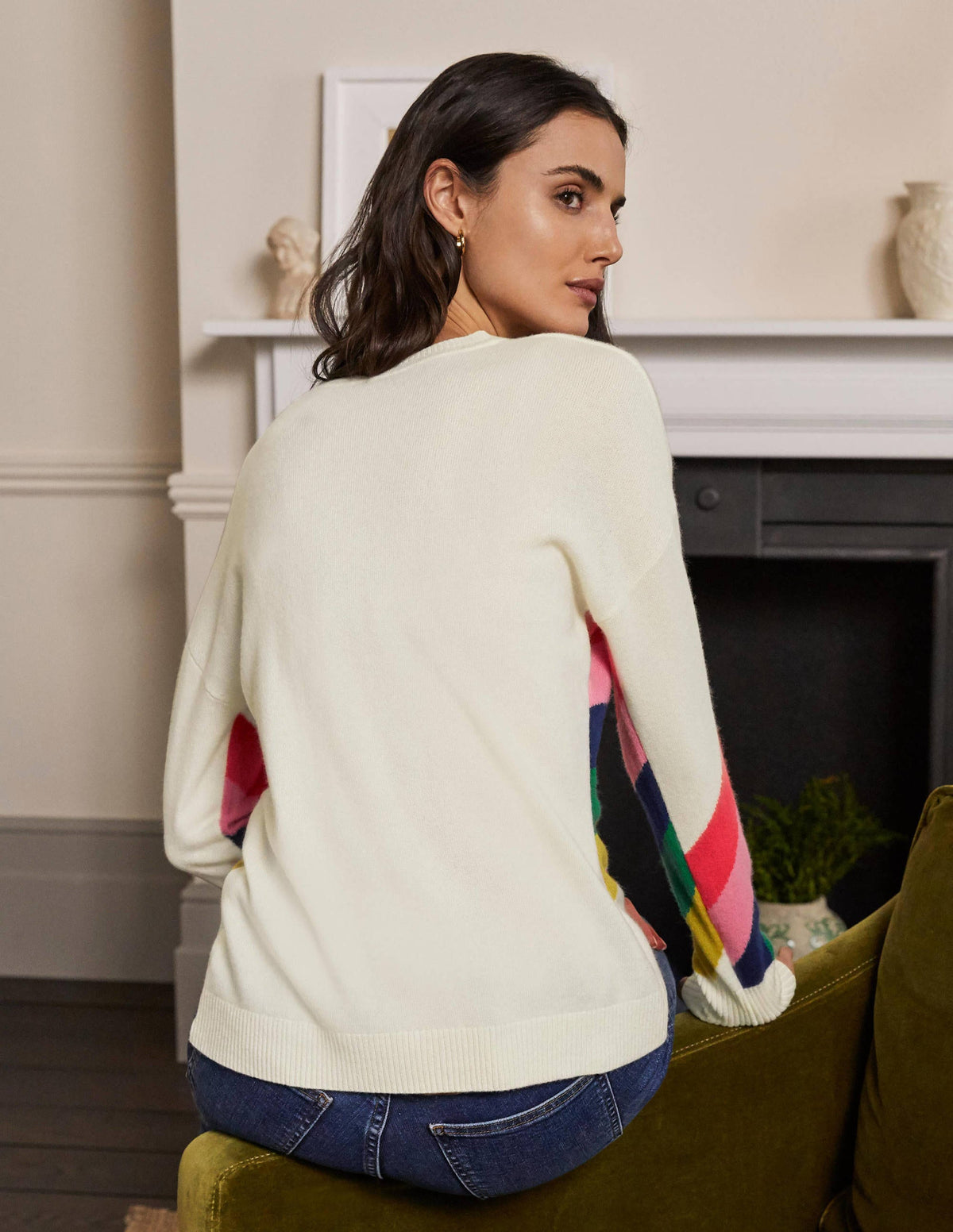 Margot Kaschmirpullover-Naturweiß, Platzierter Regenbogen/Strick - Image 3