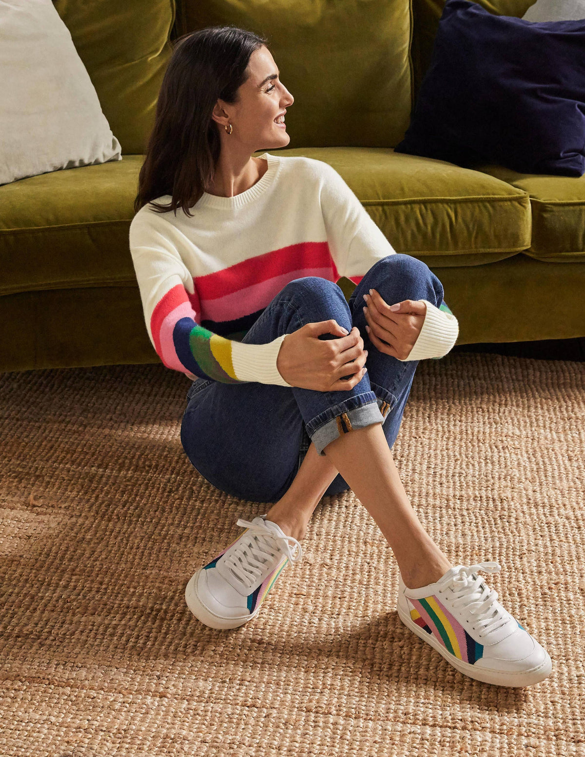 Margot Kaschmirpullover-Naturweiß, Platzierter Regenbogen/Strick - Image 4