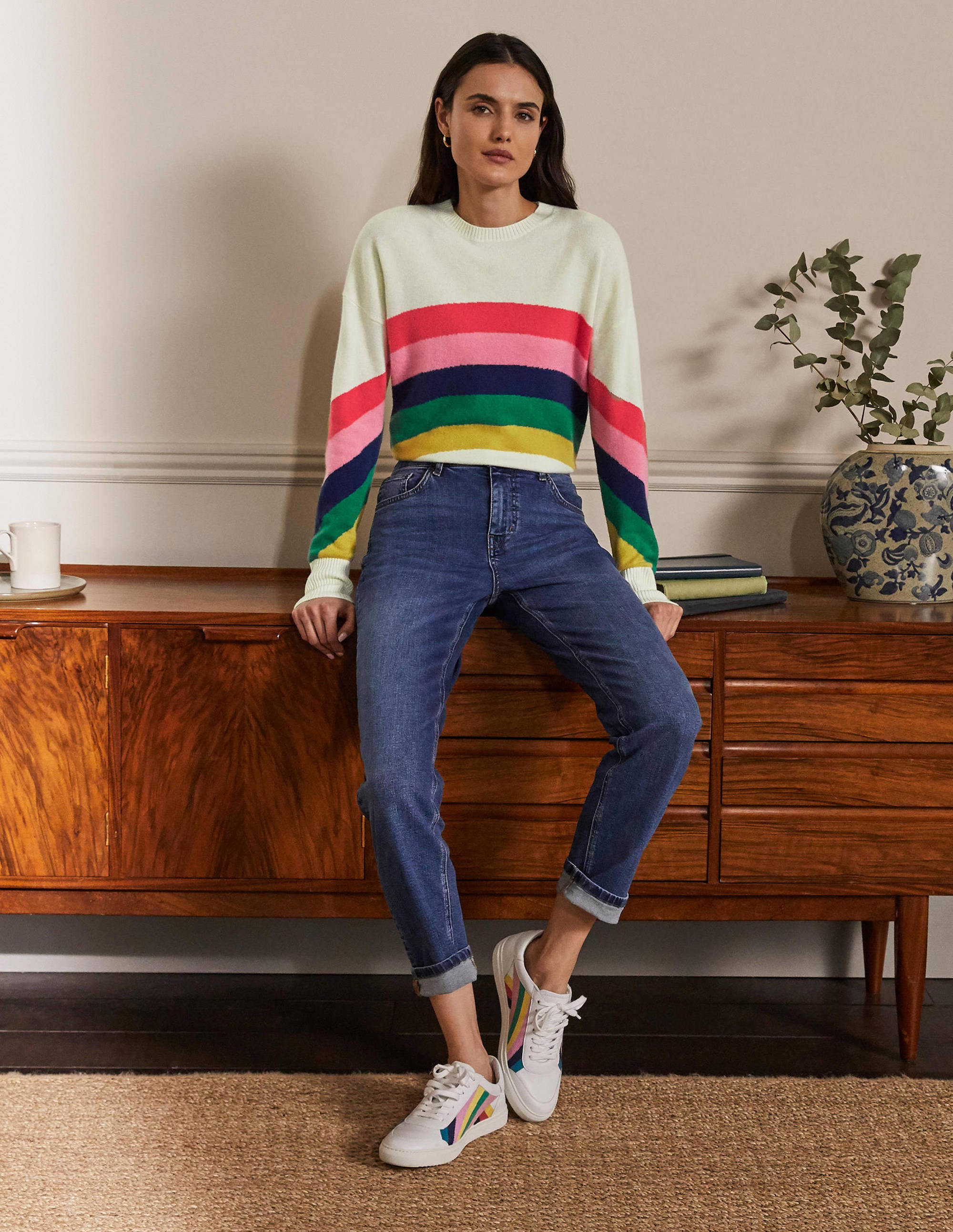 Margot Kaschmirpullover-Naturweiß, Platzierter Regenbogen/Strick - Image 5