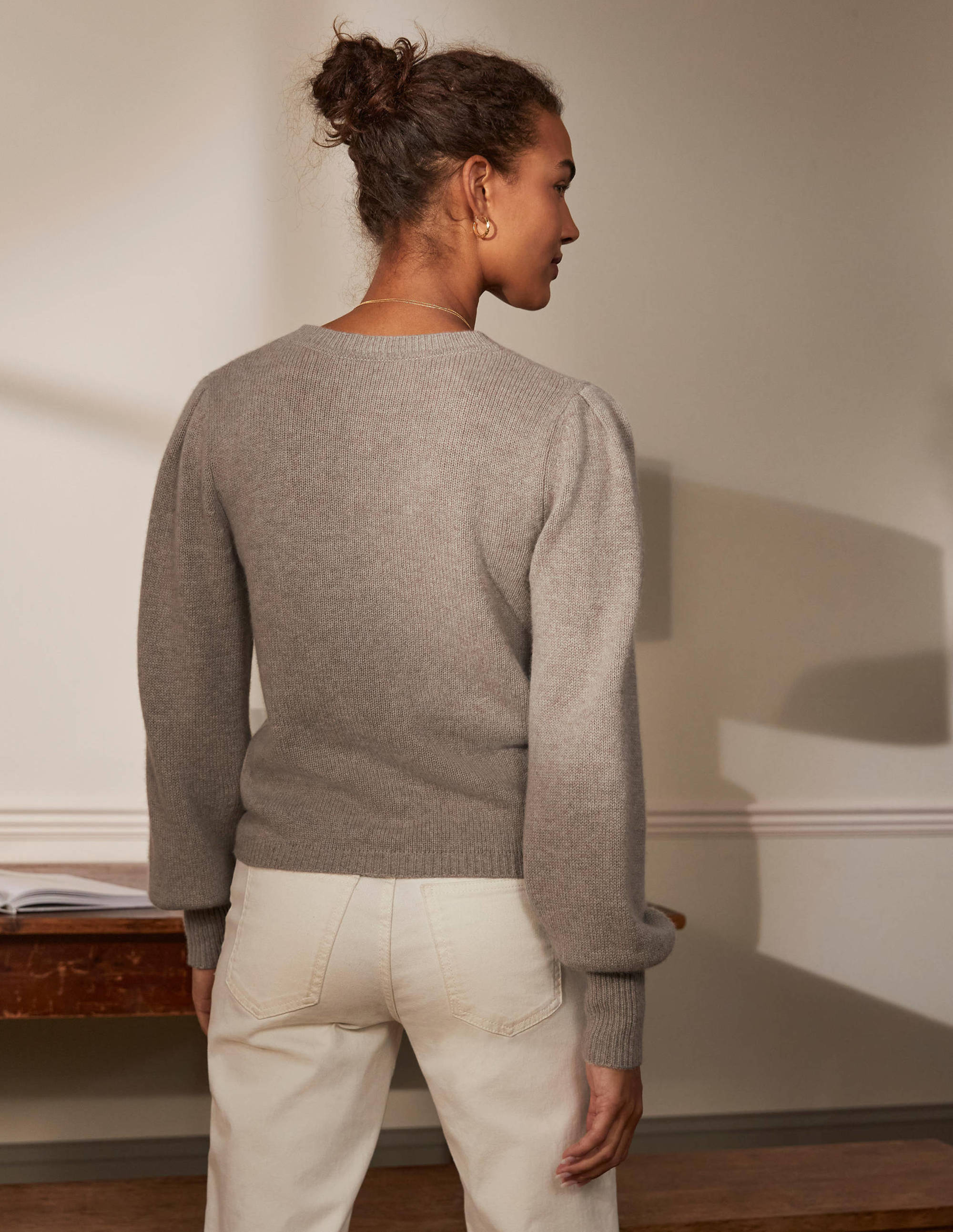 Cashmere Pleat Detail Cardigan-Mink Melange - Image 3