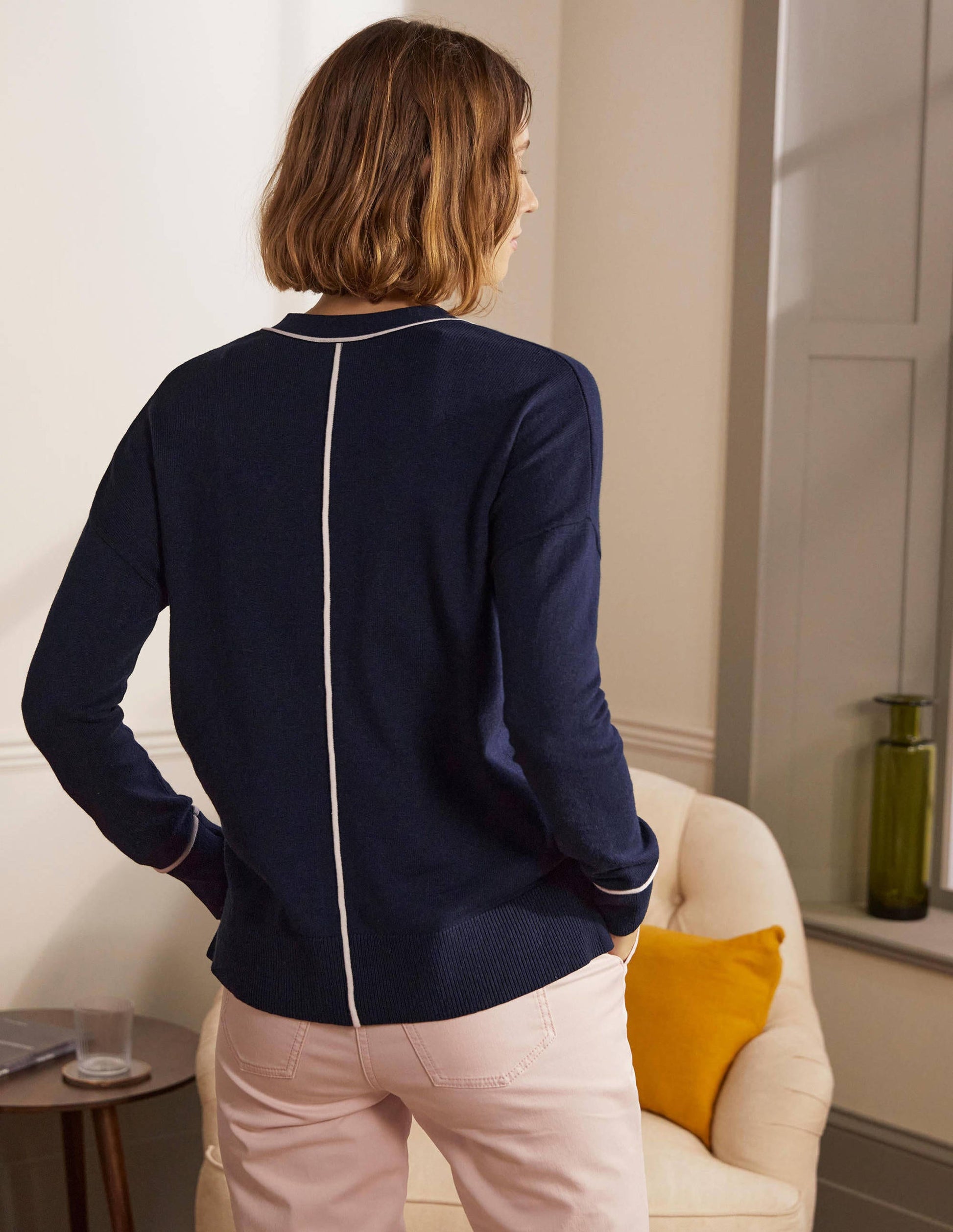Gilet col V décontracté-Bleu marine-3