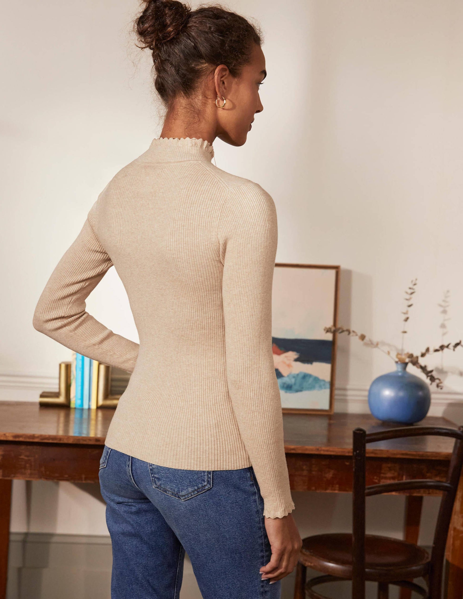 Pull festonné à col montant-Avoine chiné-3