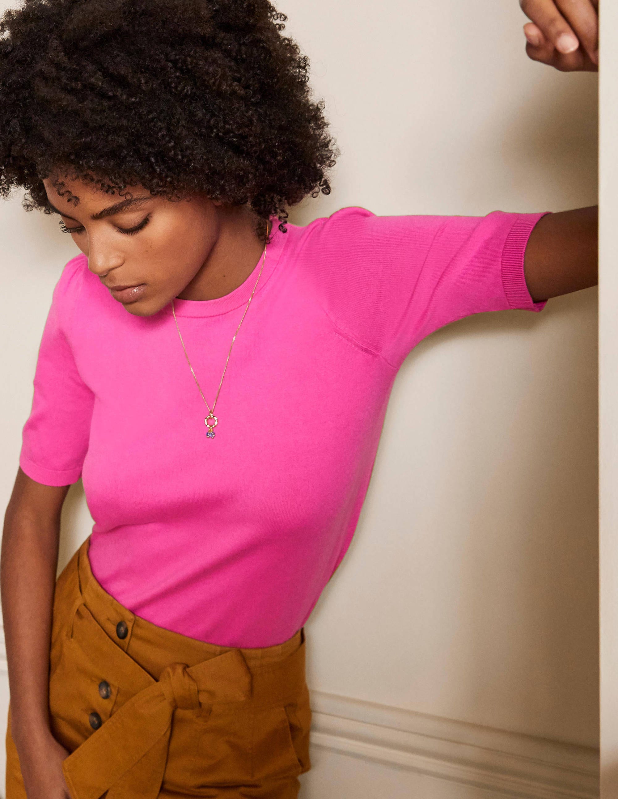 Top col rond en maille de coton-Rose bonbon - Image 1