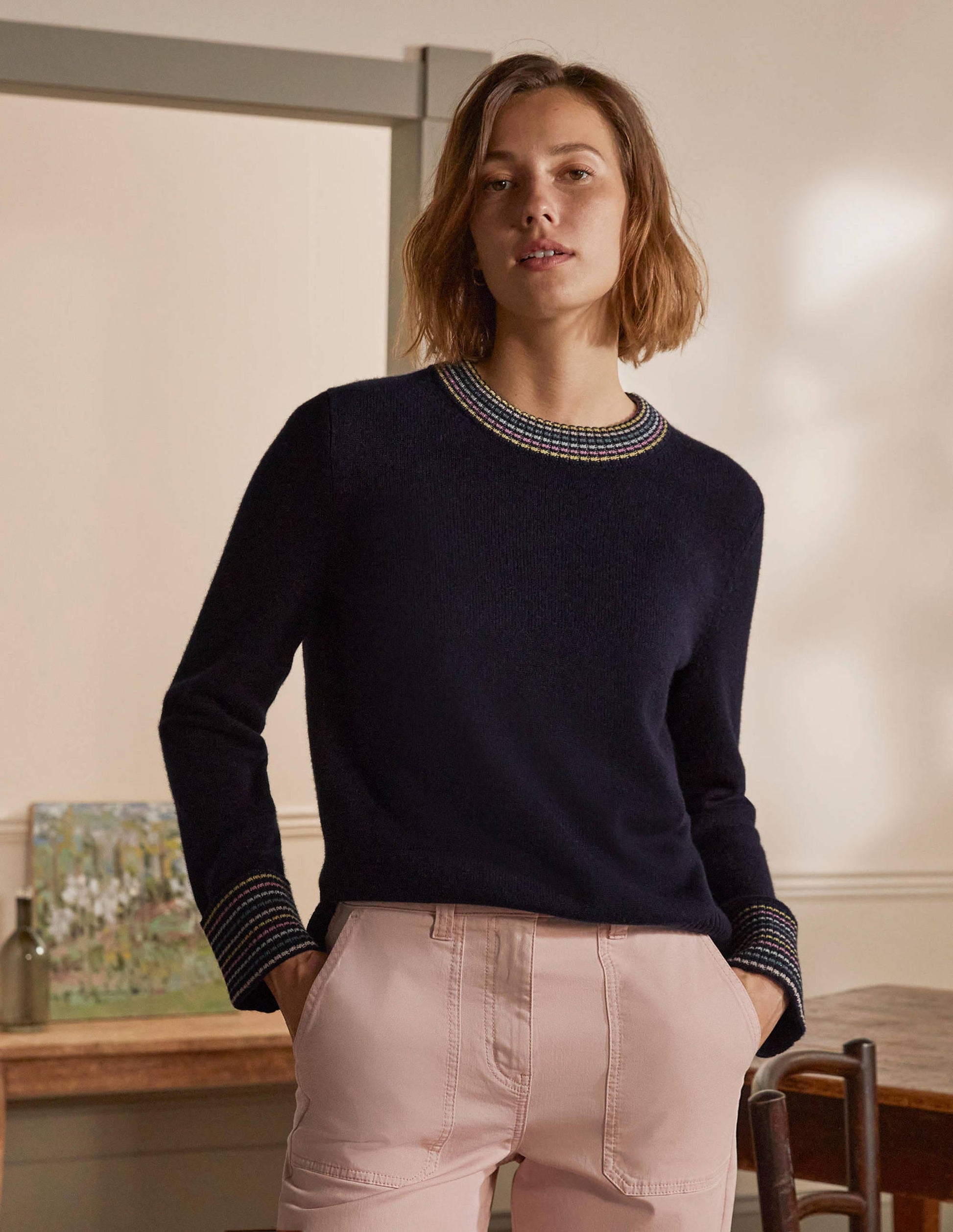 Kaschmirpullover mit Ärmelbündchen-Marineblau-4