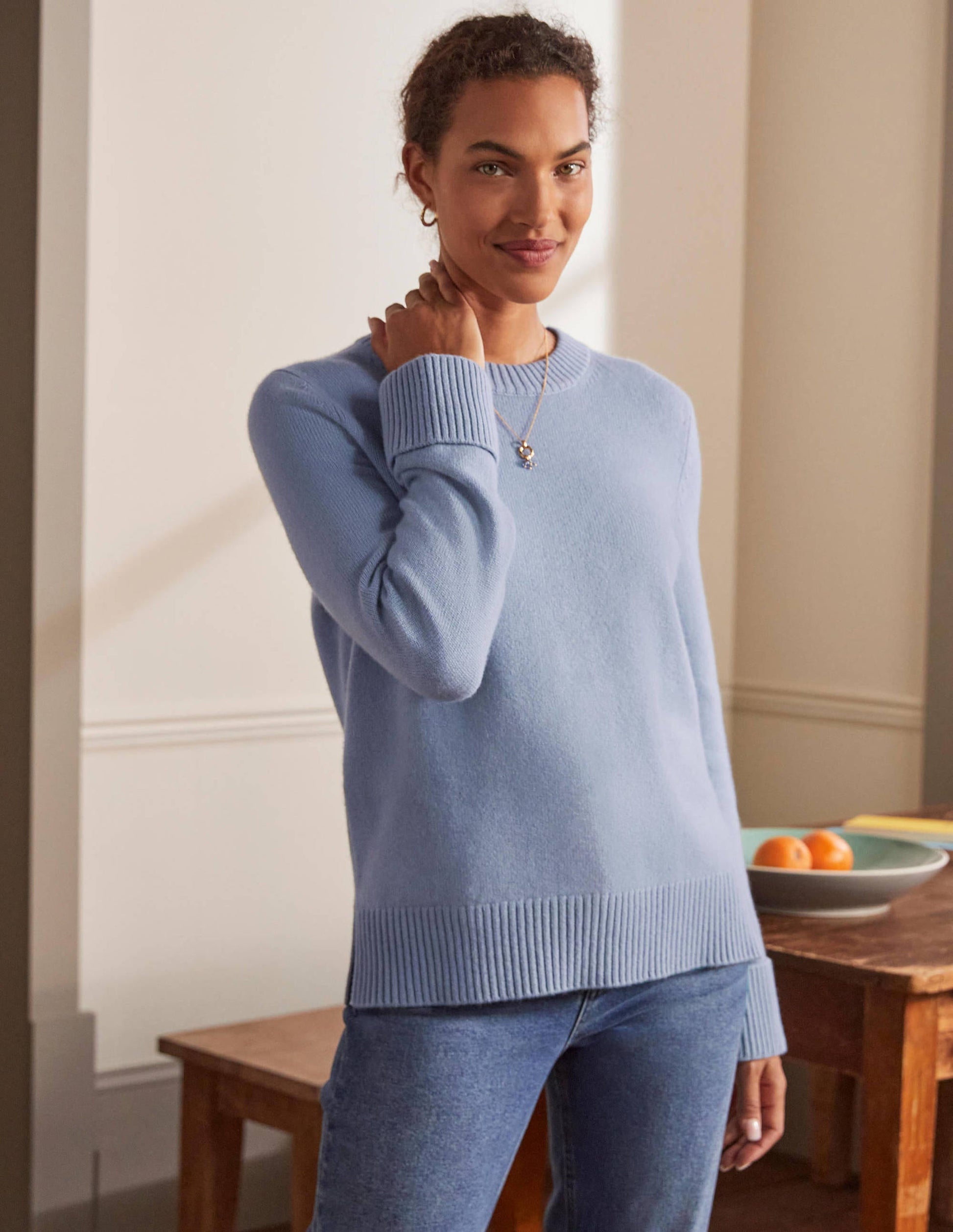Kaschmirpullover mit Ärmelbündchen-Helles Lapisblau-4