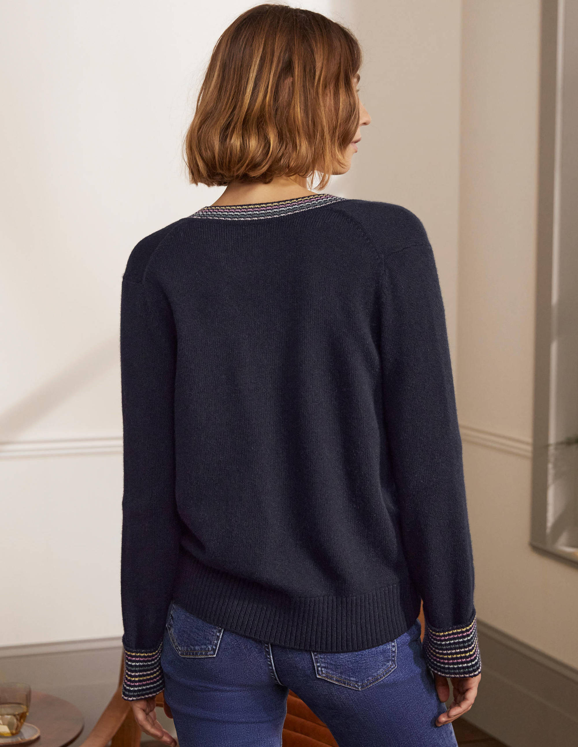 Gilet en cachemire avec revers aux poignets-Bleu marine - Image 3