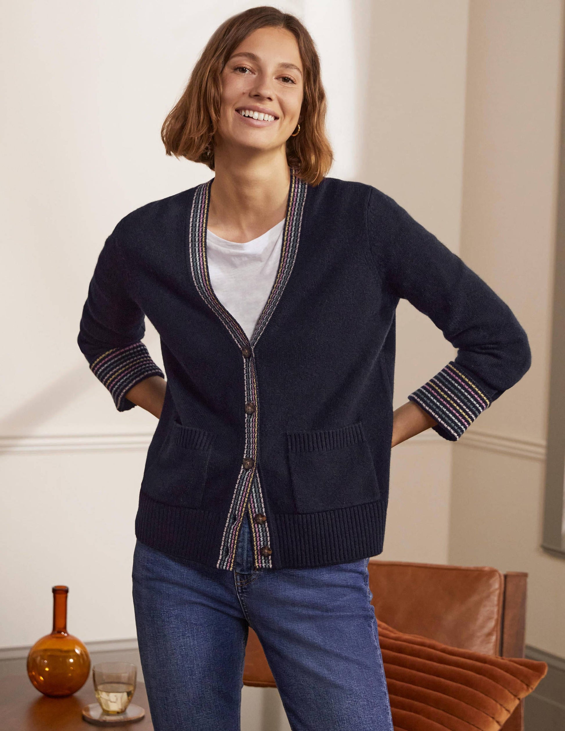 Gilet en cachemire avec revers aux poignets-Bleu marine-4