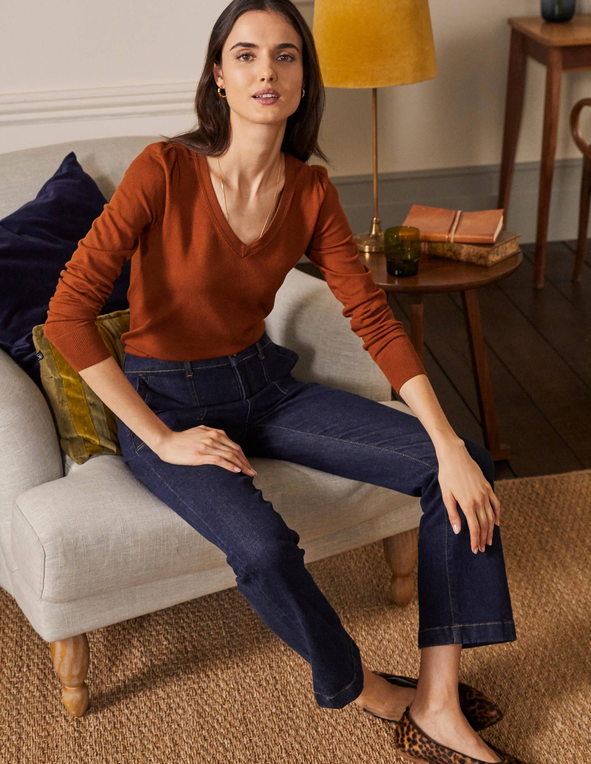 Pull col V en coton-Rouille - Image 1