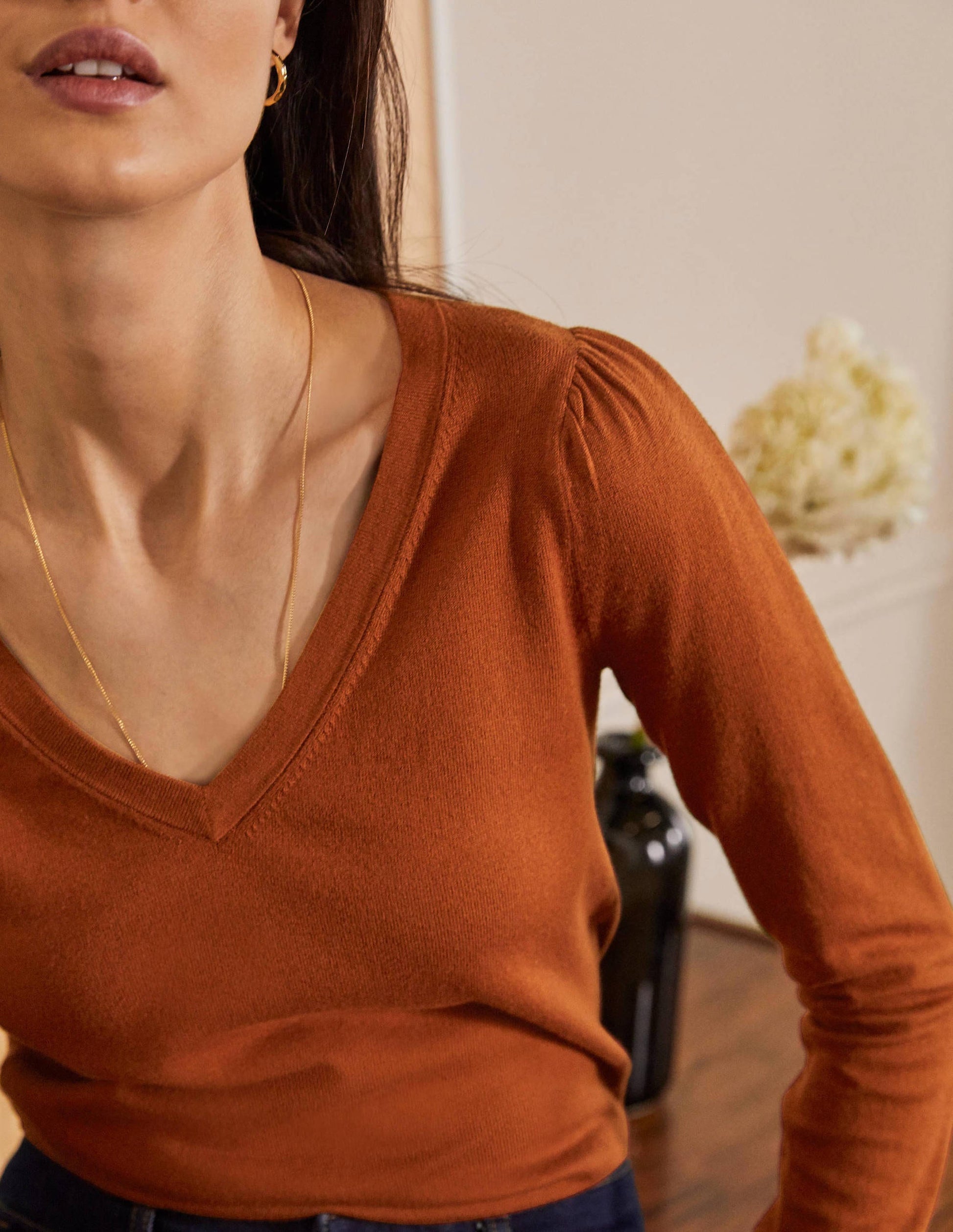 Cotton V-Neck Jumper-Rust-4