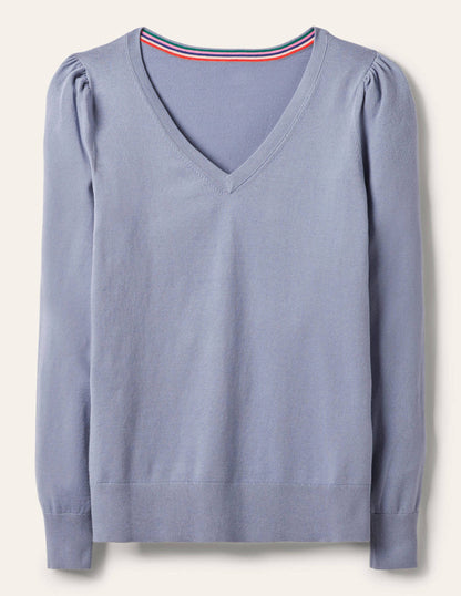 Baumwollpullover mit V-Ausschnitt-Flussblau