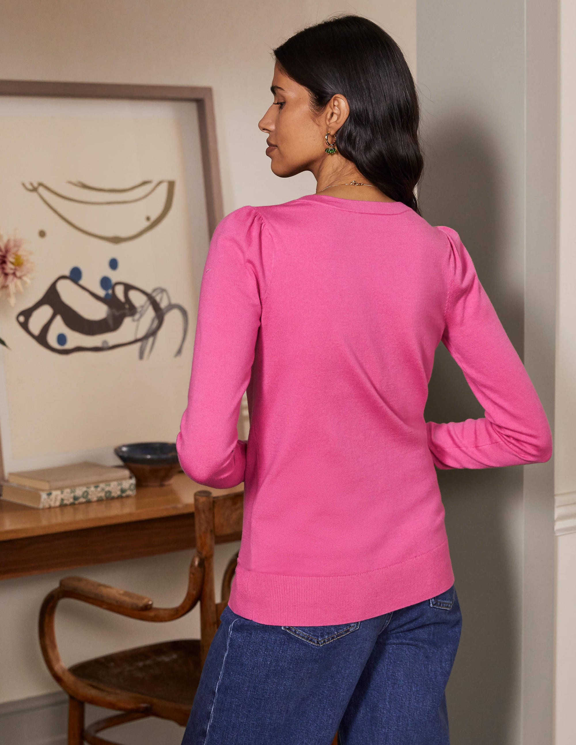Pull col V en coton-Rose bonbon - Image 4