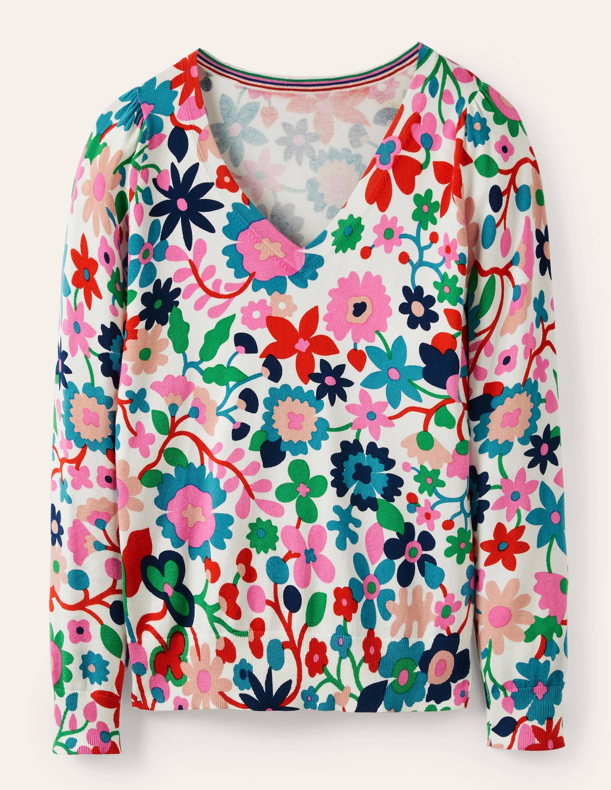 Baumwollpullover mit V-Ausschnitt-Naturweiß, Prärie-Blumen - Image 5