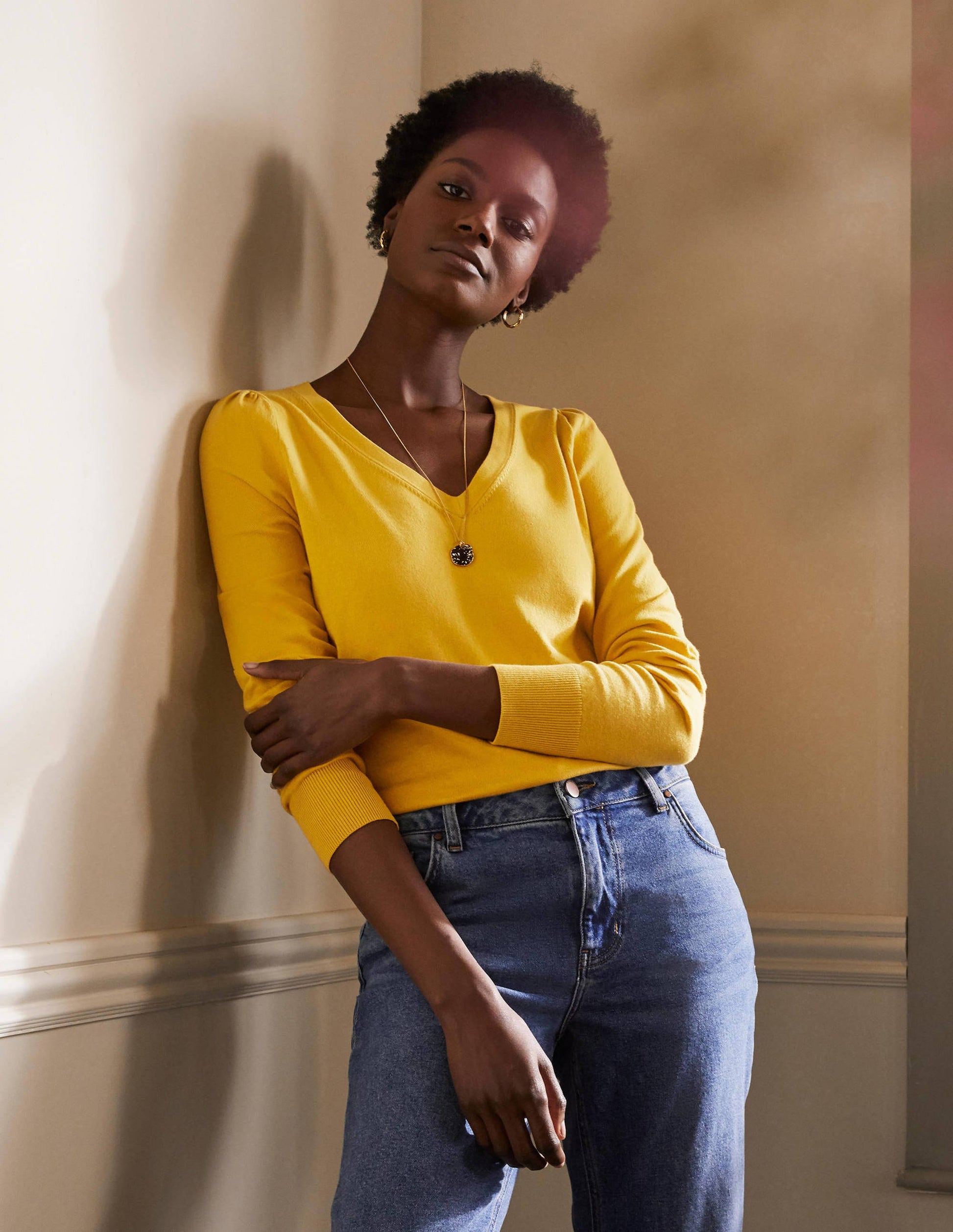 Cotton V-Neck Jumper-Honey Gold-1