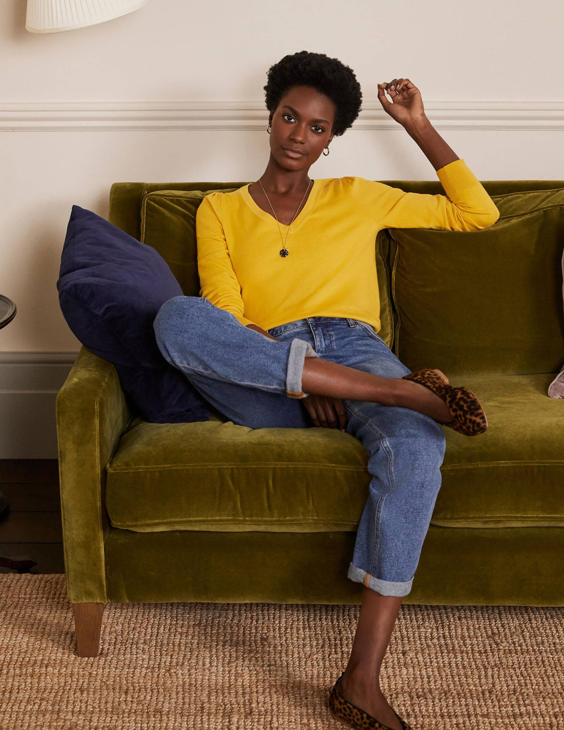 Cotton V-Neck Jumper-Honey Gold-4