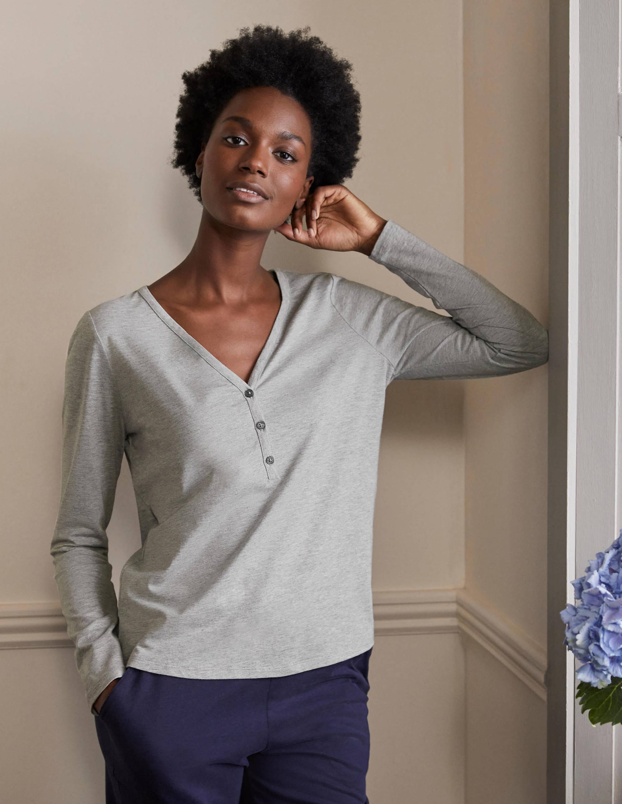 Emma Long Sleeve Pyjama Top-Grey Marl - Image 1