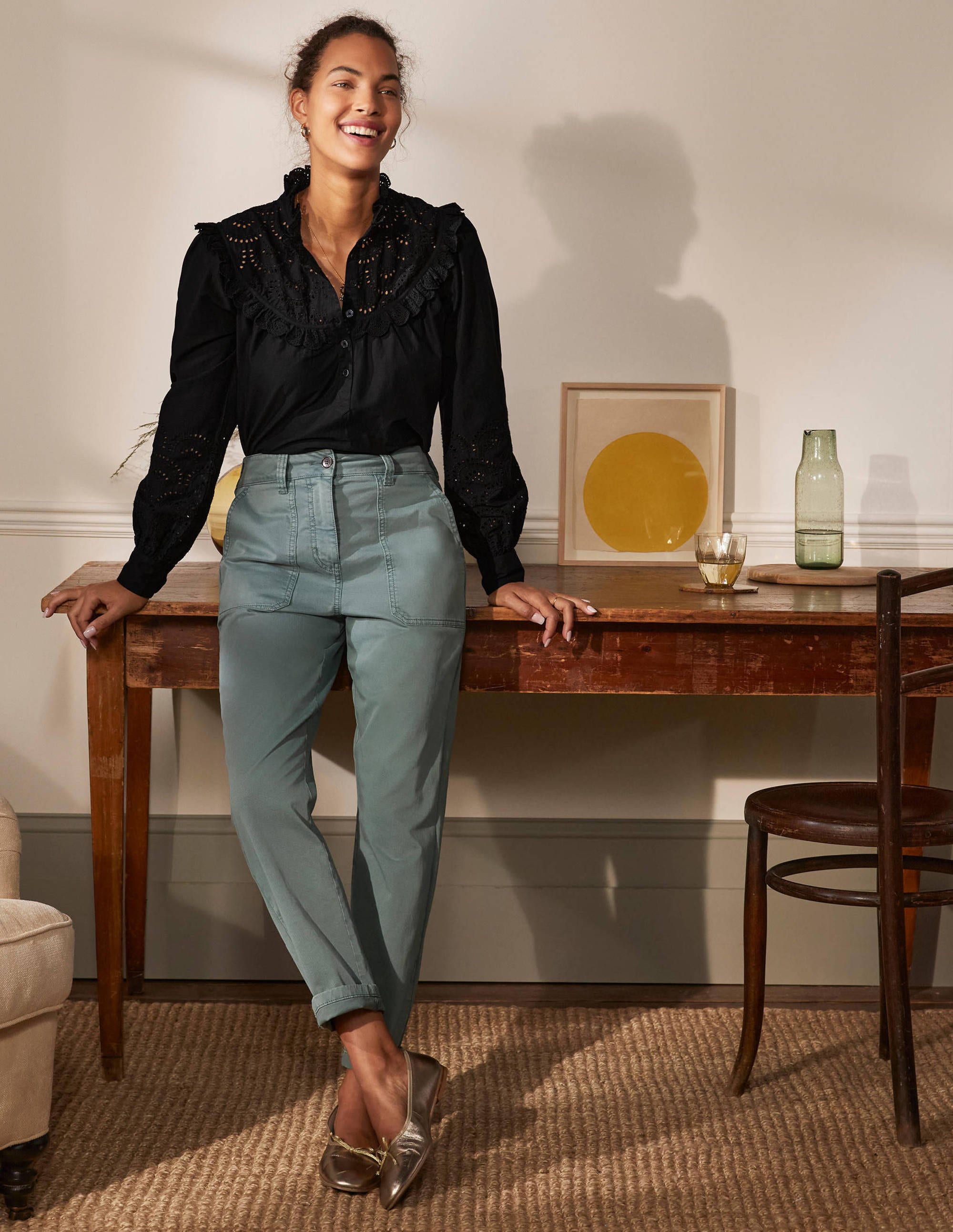 Chemise volantée en coton avec broderie anglaise-Noir - Image 4