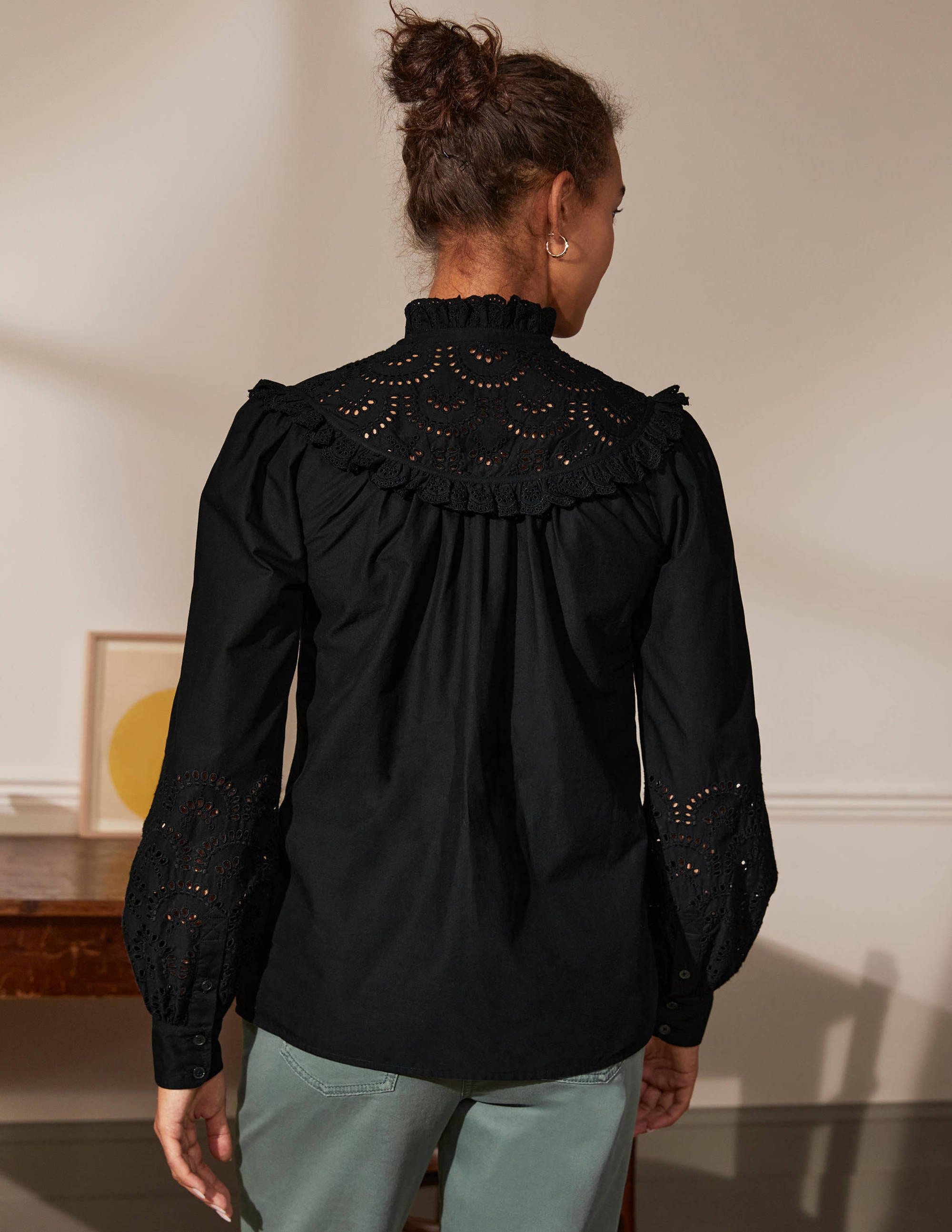 Chemise volantée en coton avec broderie anglaise-Noir - Image 2