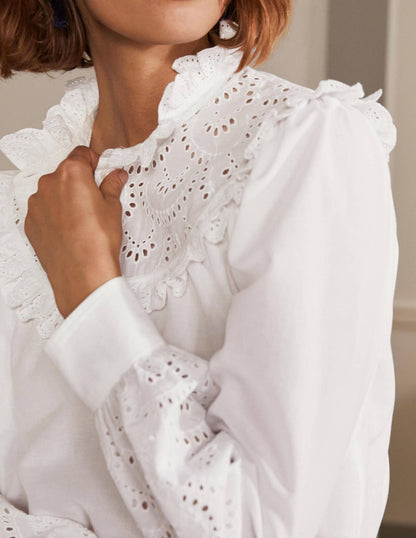 Broderie Frill Cotton Shirt-White-1