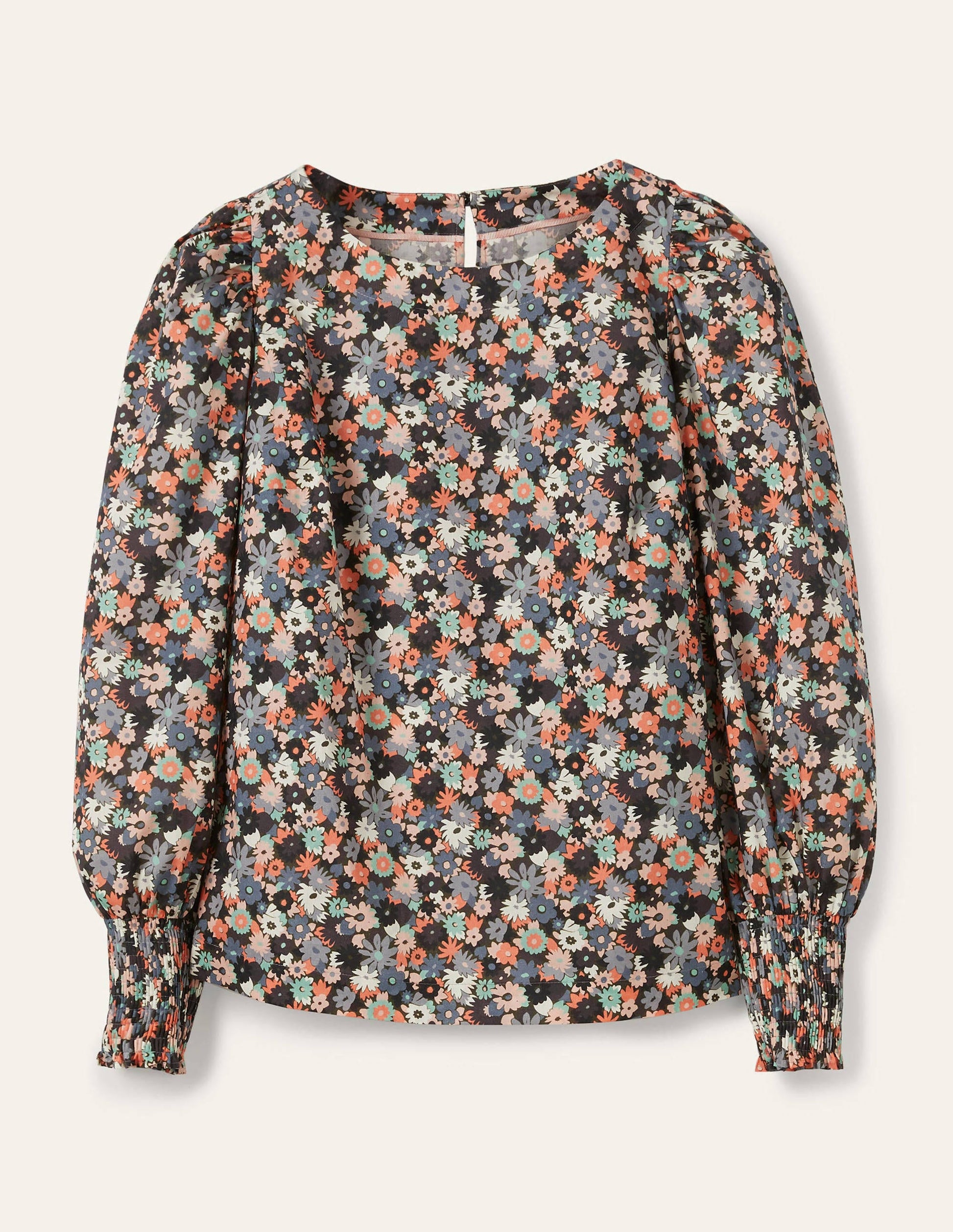 Smocked Cuff Cotton Top-Tin Grey, Paintbox Ditsy-5