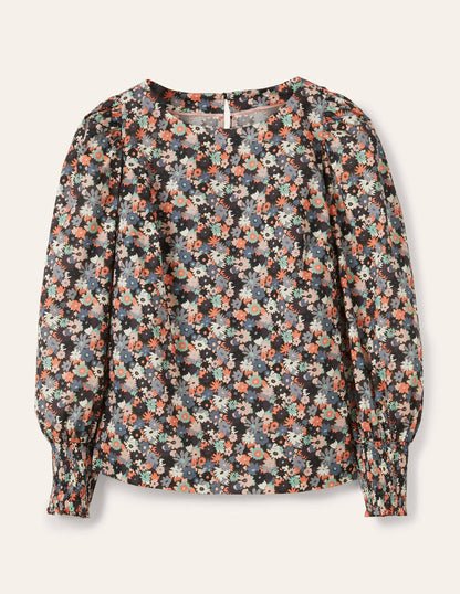 Smocked Cuff Cotton Top-Tin Grey, Paintbox Ditsy-5