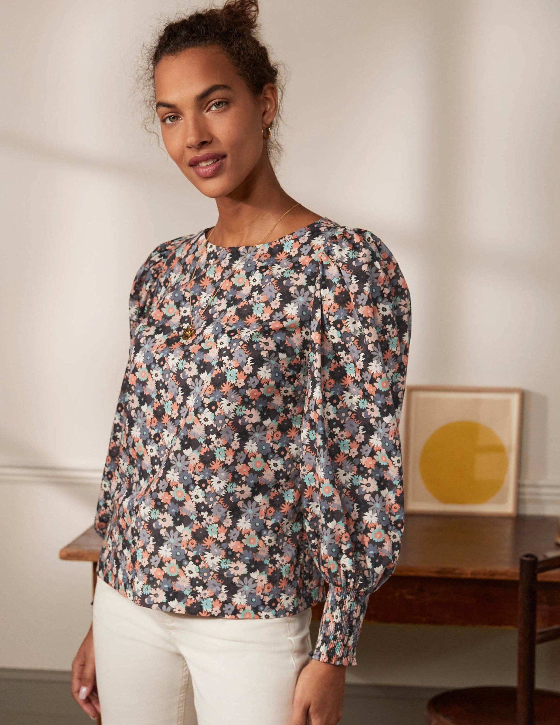Smocked Cuff Cotton Top-Tin Grey, Paintbox Ditsy-3