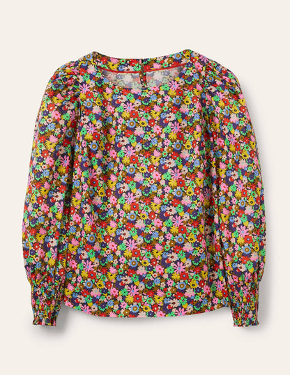 Smocked Cuff Cotton Top-Cherry Red, Paintbox Ditsy-6