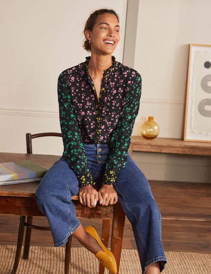 Ruffle Silk Shirt-Black and Azalea, Floral Sprig-4