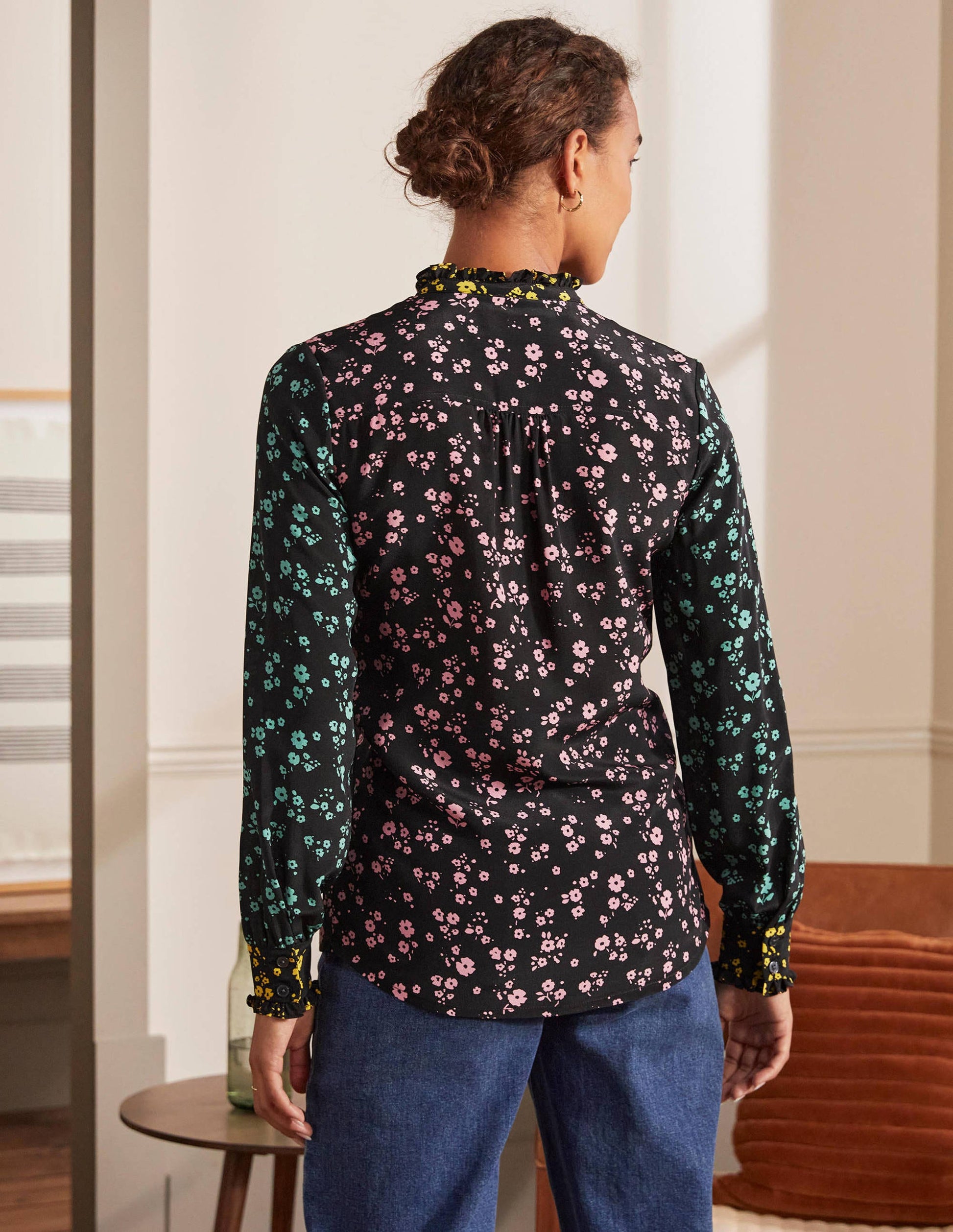 Ruffle Silk Shirt-Black and Azalea, Floral Sprig-2