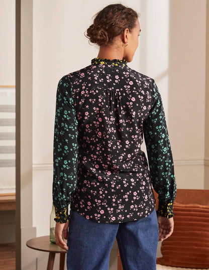 Ruffle Silk Shirt-Black and Azalea, Floral Sprig-2